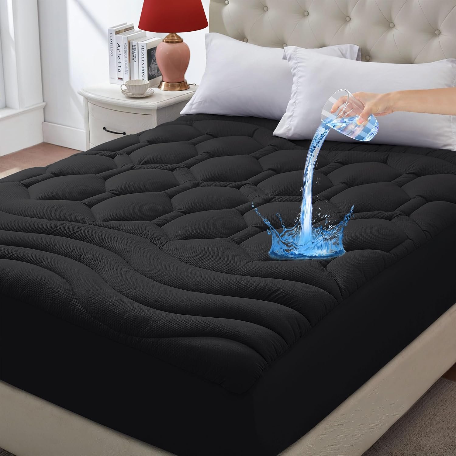 ELVEN HOME King Size Mattress Pad Waterproof, Cooling Mattress Topper Noiseless, Leak Proof Mattress Protector Deep Pocket Washable, Quilted Fitted Soft King Mattress Pad Cover (78×80 inch, Black)