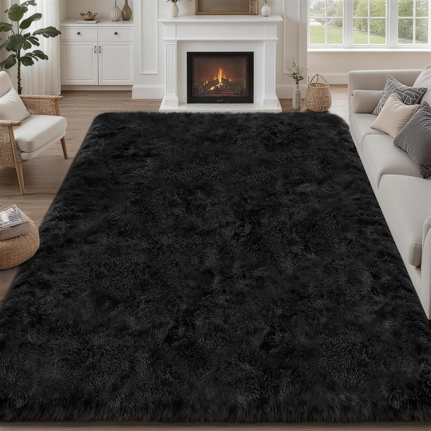 8×10 Area Rugs for Living Room Bedroom: Ultra Soft Fluffy Shag Rug Upgrade Non-Slip Non-Shedding Large Fuzzy Plush Carpet Indoor Floor Carpets for Kids Room Playroom Nursery Dorms Home Decor Black