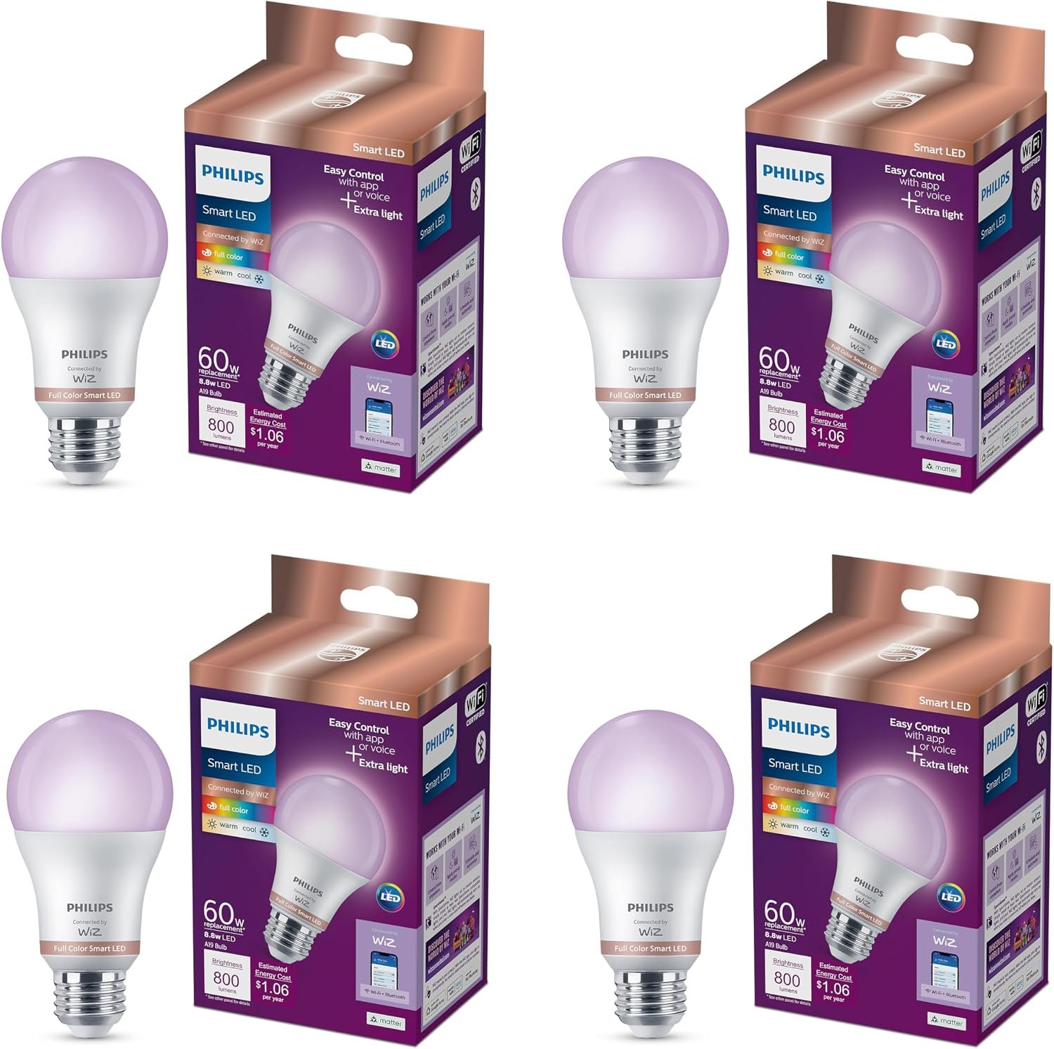 PHILIPS Smart LED Full Color Light Bulb 4-Pack, A19 60W 800LM E26 Indoor, Sunset to Sunrise Automation + Motion Detection + Control with Voice or App, Matter Compatible