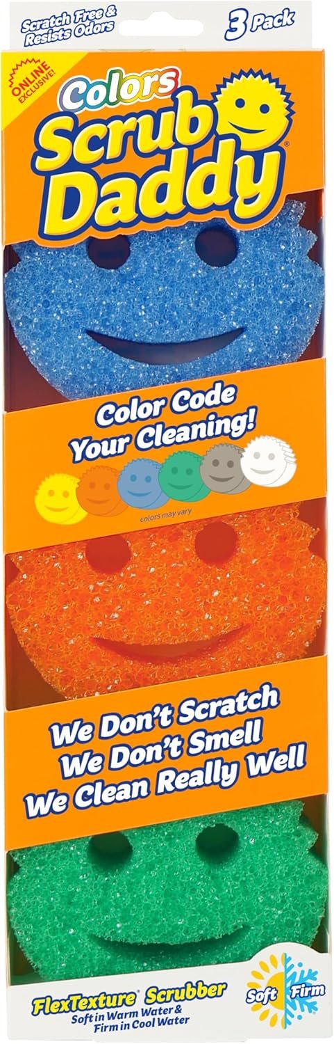 Scrub Daddy Colors Kitchen Sponges – Scratch-Free Dishwashing Sponges & Sponge for Kitchen Sink, Bathroom & Household Cleaning – BPA-Free Polymer Foam (3 Count)
