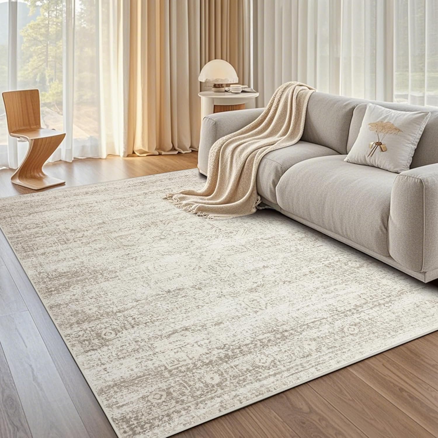 Srugn Washable Area Rug for Living, Bedroom & Dining Room, Ultra Soft Faux Wool Retro Large Carpet, Non-Slip/Shedding Low Pile Vintage Print for Home Office Decor, Beige Ivory Cream Brown Camel, 5×7