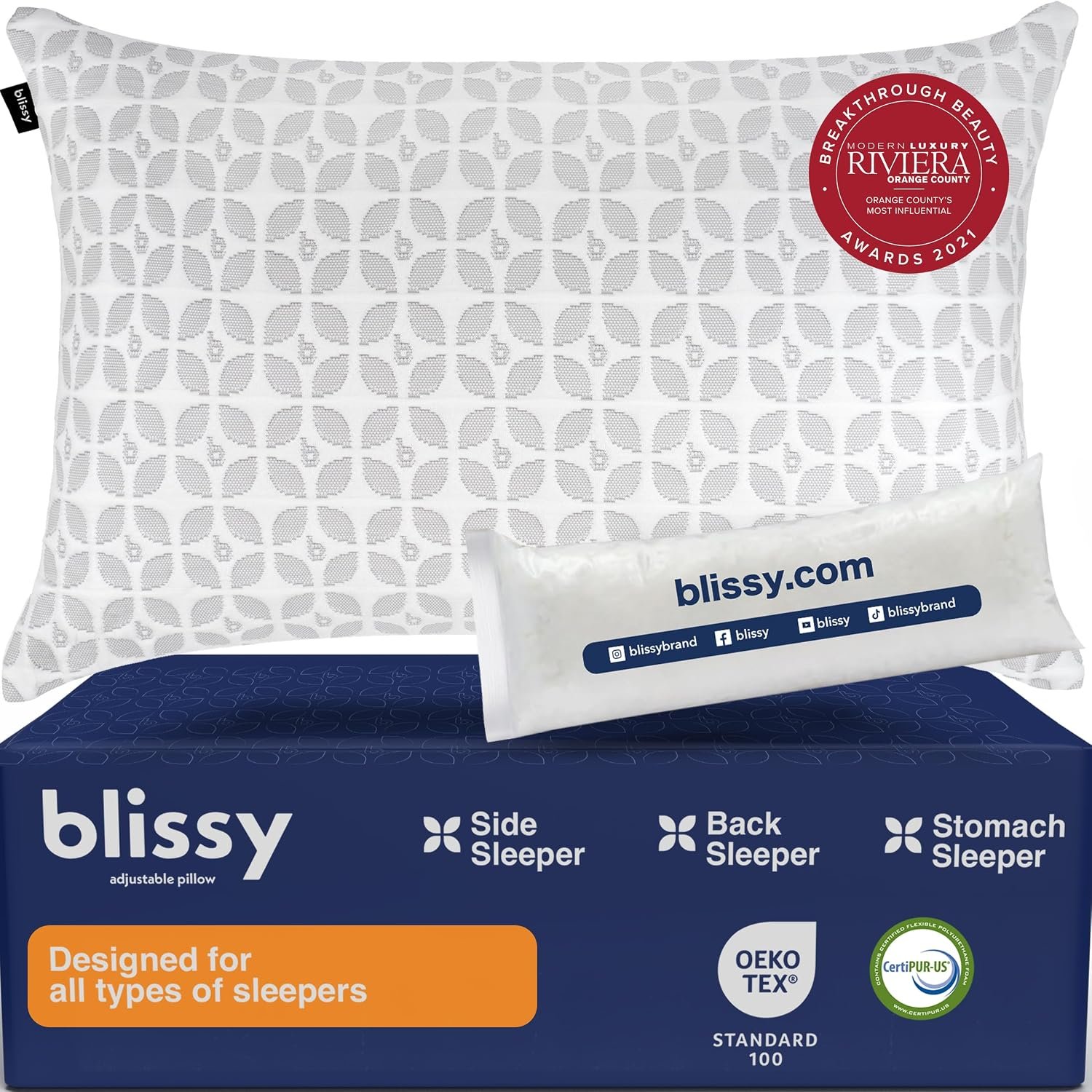 BLISSY Adjustable Memory Foam Pillow for Sleeping (Queen Size) – Cooling Gel Pillows for Side Sleepers with Shredded Foam for Customizable Loft – CertiPUR-US & Oeko-TEX