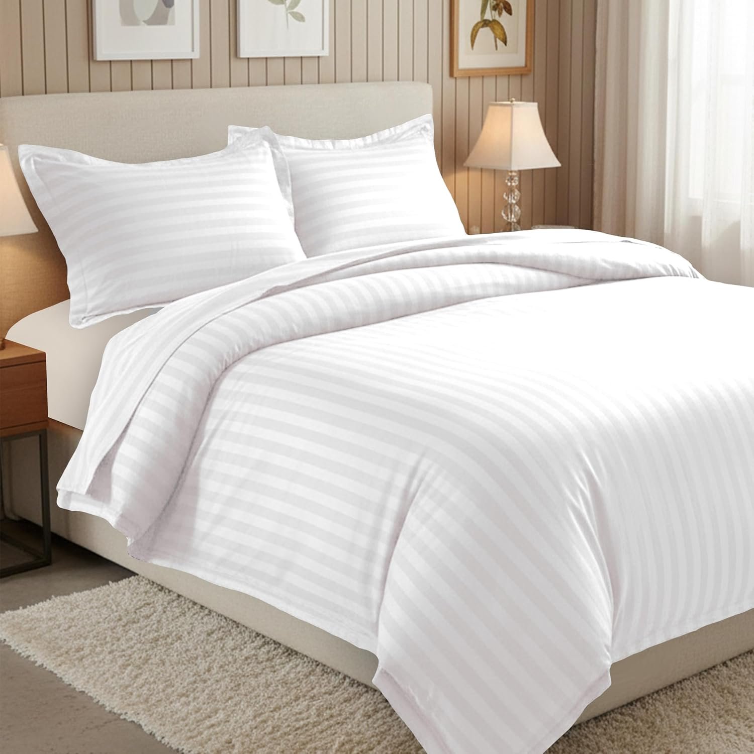 Elegant Comfort Luxury 3-Piece Striped Duvet Cover Set! – 1500 Premier Hotel Quality Silky-Soft Wrinkle Resistant Damask Stripe Duvet Cover Set, King/California King, White