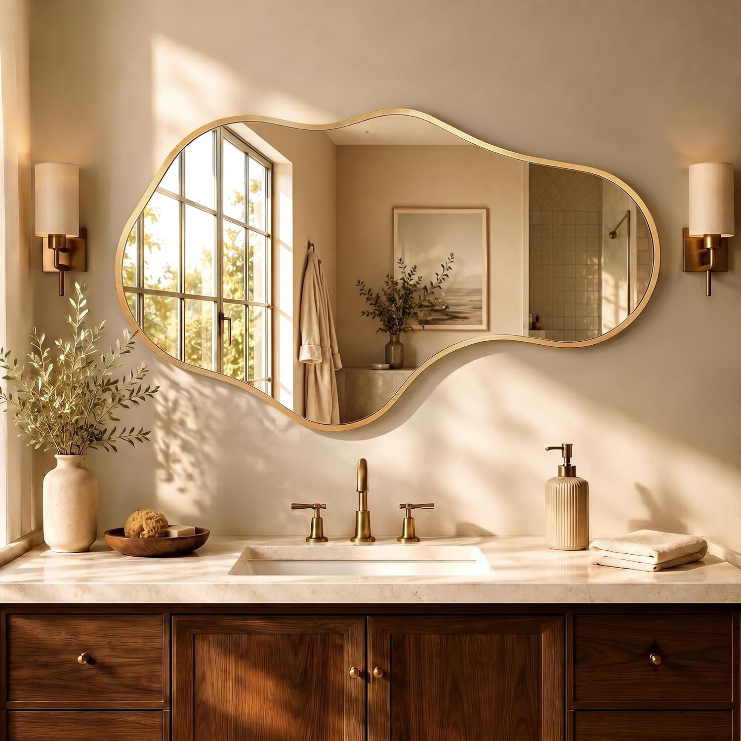 Bathroom Mirror for Over Sink-Gold Room Decor Wall Mirror 22″x 36″ | Irregular Wall Mirror – Asymmetrical Abstract Mirror Unique for Bedroom, Living Room, Cloakroom, Entryway