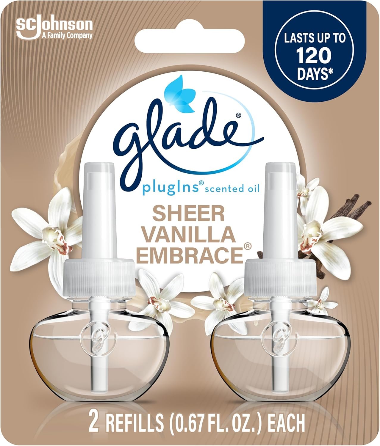 Glade PlugIns Refills Air Freshener, Scented and Essential Oils for Home and Bathroom, Sheer Vanilla Embrace, 1.34 Oz, 2 Count