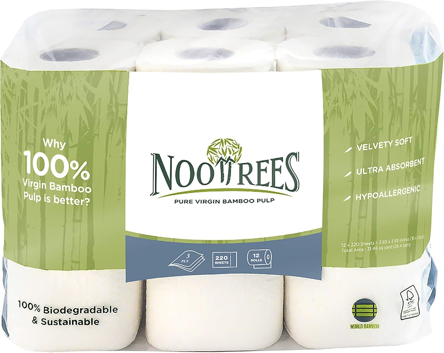 NooTrees Bamboo Toilet Paper, Eco Friendly, Tree-Free, Biodegradable, Septic Safe, Chemical-Free, FSC Certified Bathroom Tissue, 3-ply Toilet Paper, 220 Sheets, 12 Rolls, Pack of 1