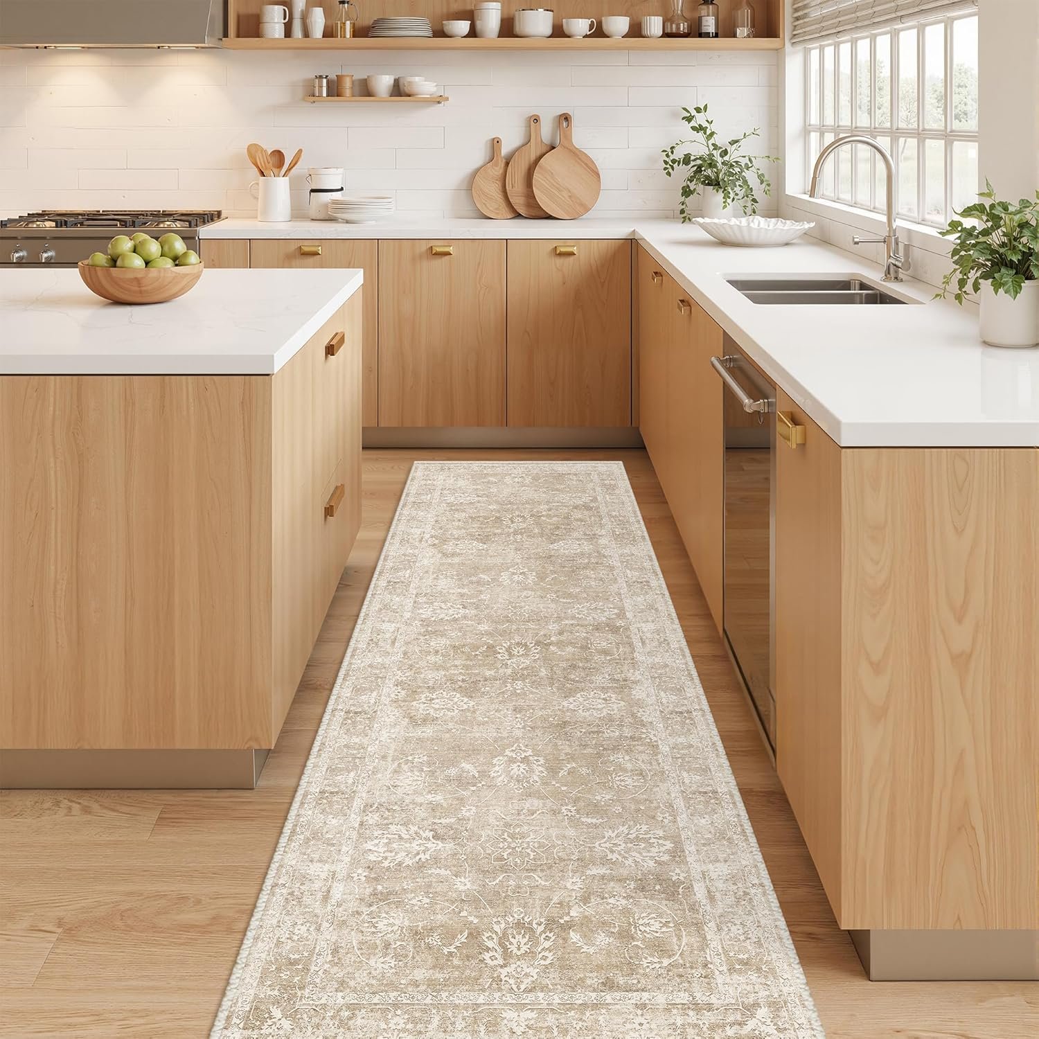 Madane Washable Runner Rug 2×6, Kitchen Hallway Runner Rug with Non-Slip Rubber Backing, Vintage Soft Low Pile Carpet Runner for Entryway Laundry Bathroom Bedroom Living Room (2 x 6, Beige/Brown)