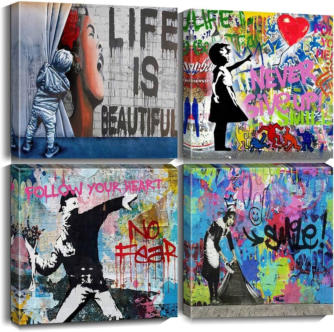 Biufo Banksy Canvas Wall Art Artwork Graffiti Street Print Pictures for Bedroom Living Room Wall Decor (12″x12″x4Pcs)
