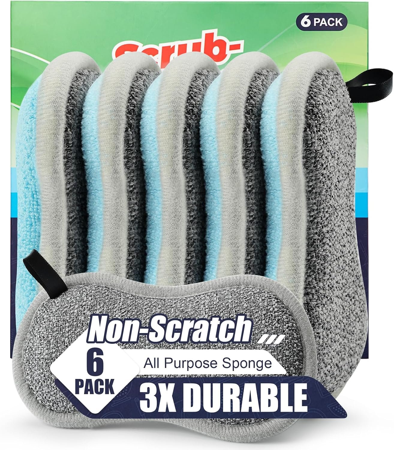 Dual Sided All-Purpose Sponges Kitchen,Dish Sponge for Washing Dishes Cleaning Kitchen,Non Scratch,Rough Scrubbers for Non-Stick Cookware, Soft Microfiber Scrub for Dishes(Bule,6Pack)