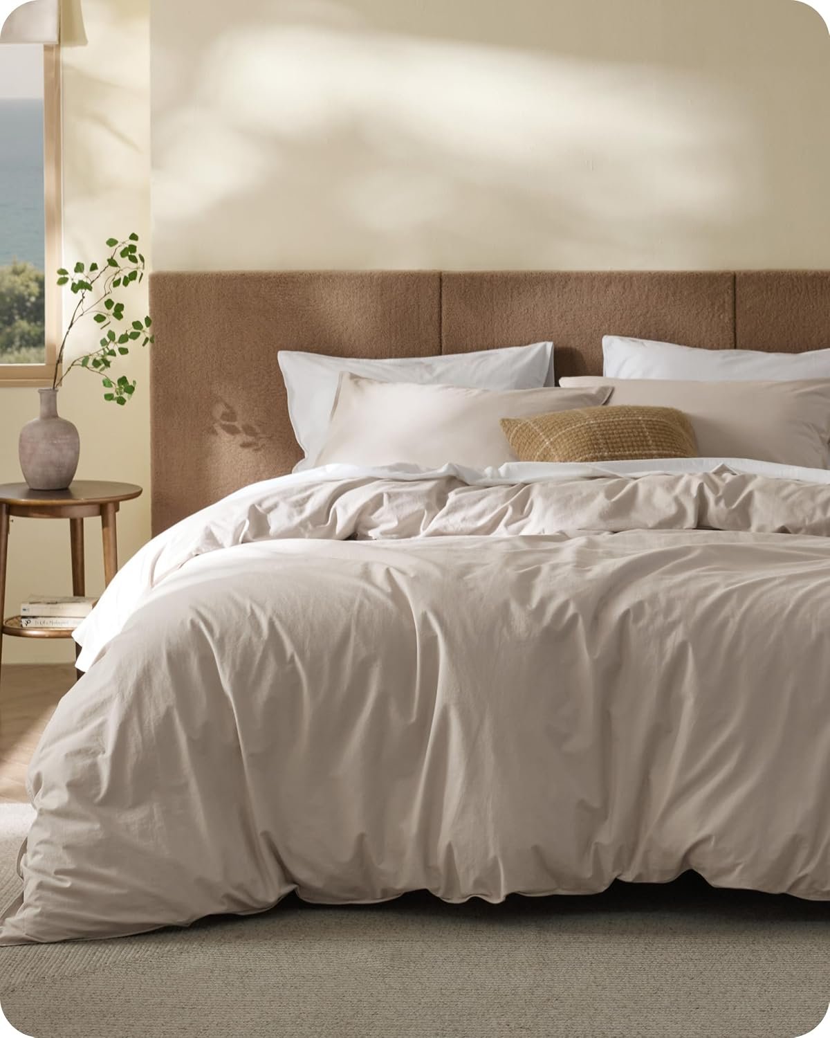 Bedsure Cotton Duvet Cover Queen Size – Luxury Slub Weave 100% Cotton Duvet Cover Set, PureWoven Bedding Set with a Linen Like Textured, Easy Change, Natural Linen, 90″ x 90″