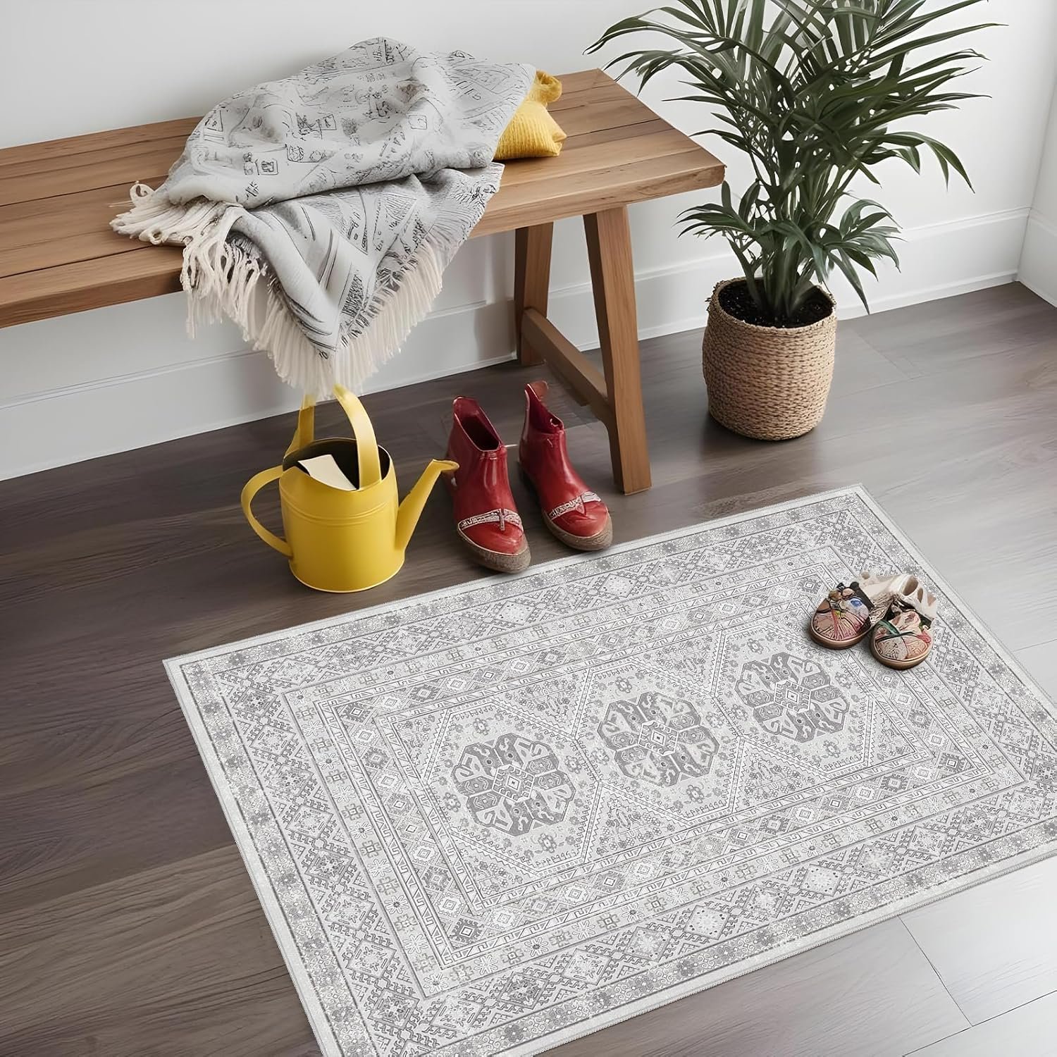 Washable Area Rug Non Slip – 2×3 Small Kitchen Boho Rug Vintage Entryway Low Pile Carpet for Doormat Grey