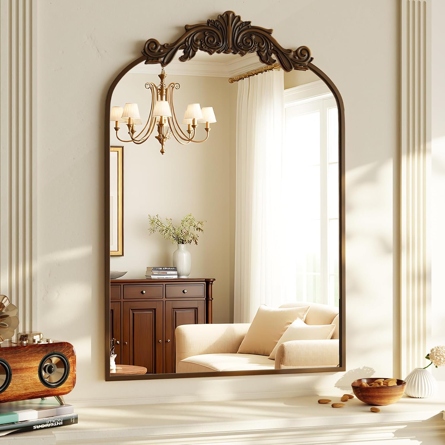 VooBang Vintage Arched Bathroom Mirror, 24×36 Inch Retro Wall Mounted Vanity Mirror with Carved Pattern Top and Metal Frame, Antique Decorative Mirror for Hanging or Leaning