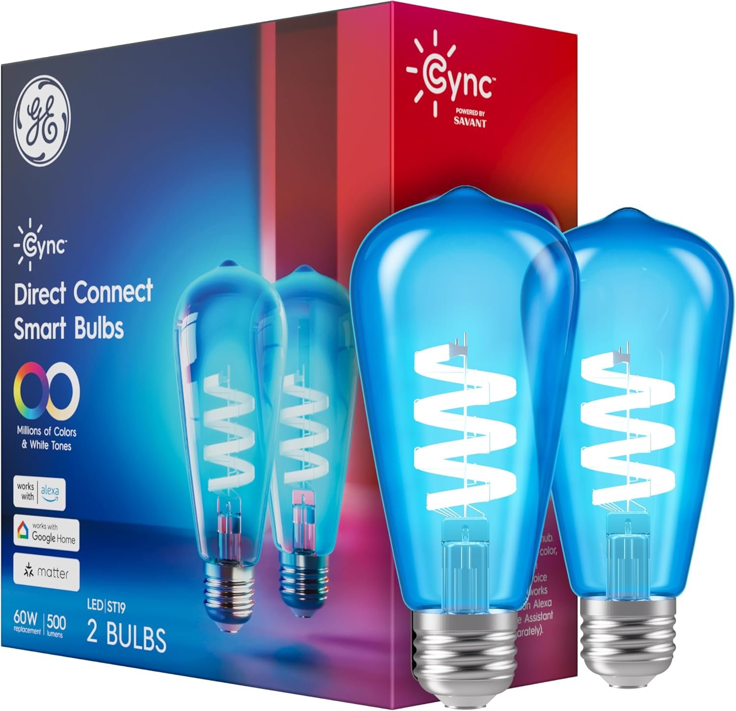 Cync GE Smart LED Light Bulb, ST19 Edison Style, Room Decor Aesthetic, Color Changing WiFi Light, 60W Equivalent, Compatible with Alexa and Google Home (Pack of 2)