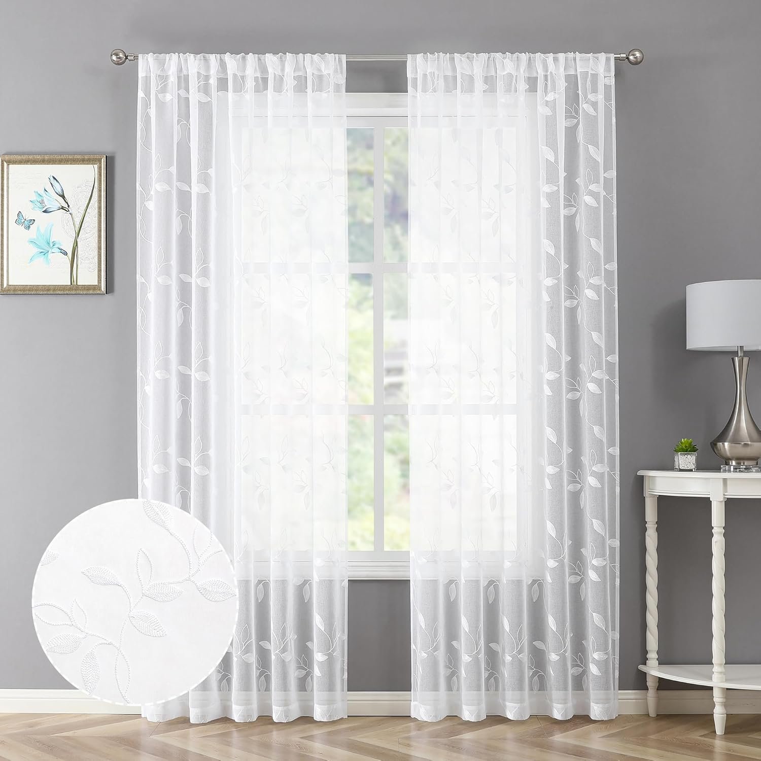Tollpiz White Leaf Sheer Curtains Leaves Embroidered Bedroom Curtain Rod Pocket Voile Window Treatment for Living Room, 54 x 84 inches Long, Set of 2 Panels
