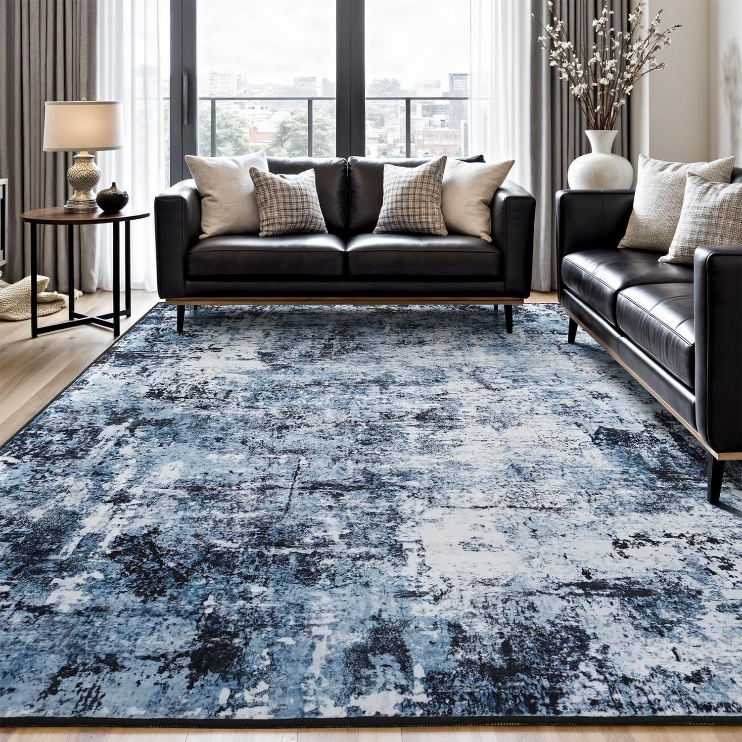 Rugflix 8×10 Area Rugs for Living Room, Washable Large Rug Stain-Resistant Low Pile, Modern Dark Carpet for Dining Room Home Office Kid Room Nursery Bedroom, Navy Blue/Black