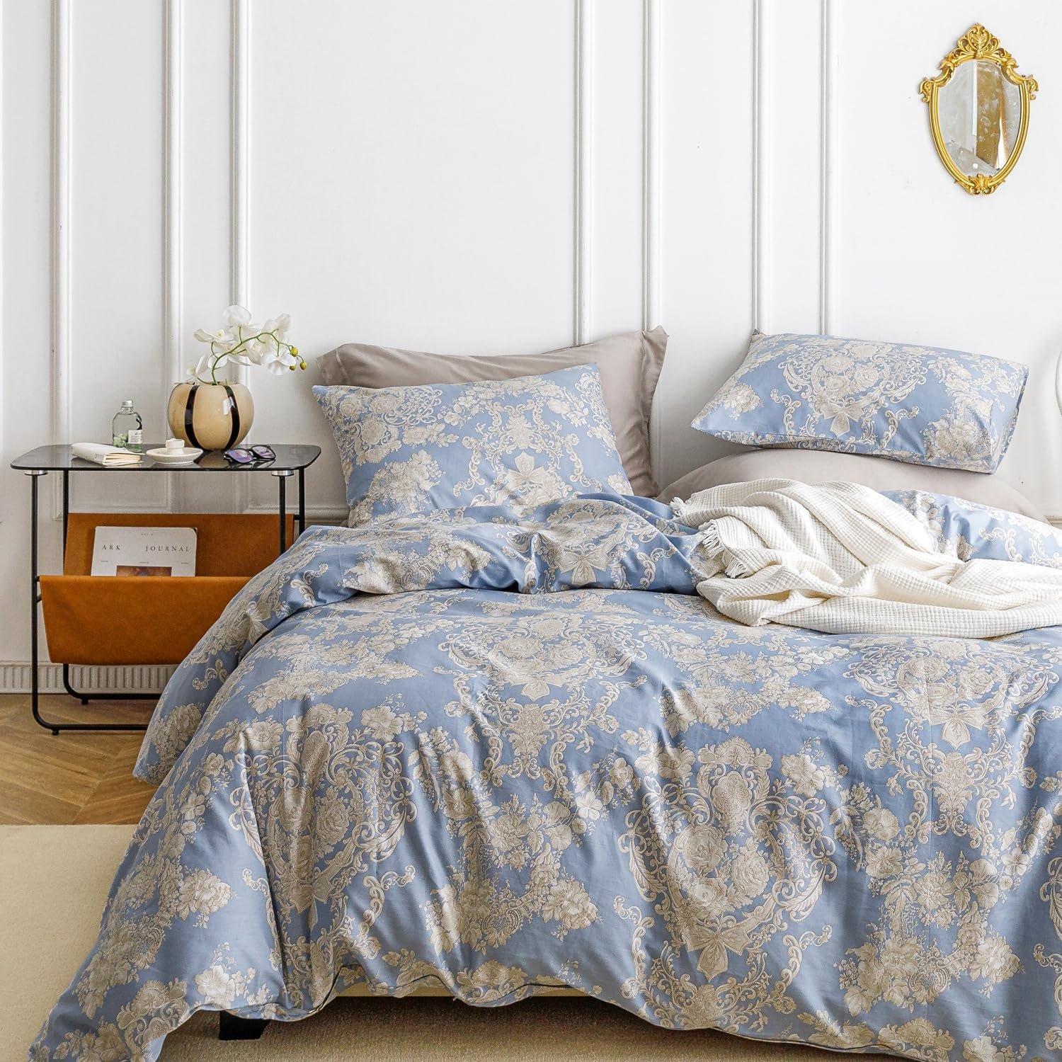 SUSYBAO Bohemian Damask Duvet Cover King 100% Cotton Boho Khaki Floral Duvet Cover 3 Pcs Set 1 Blue Paisley Flower Duvet Cover with Zipper Ties 2 Pillowcases Luxury Soft Beige Botanical Bedding