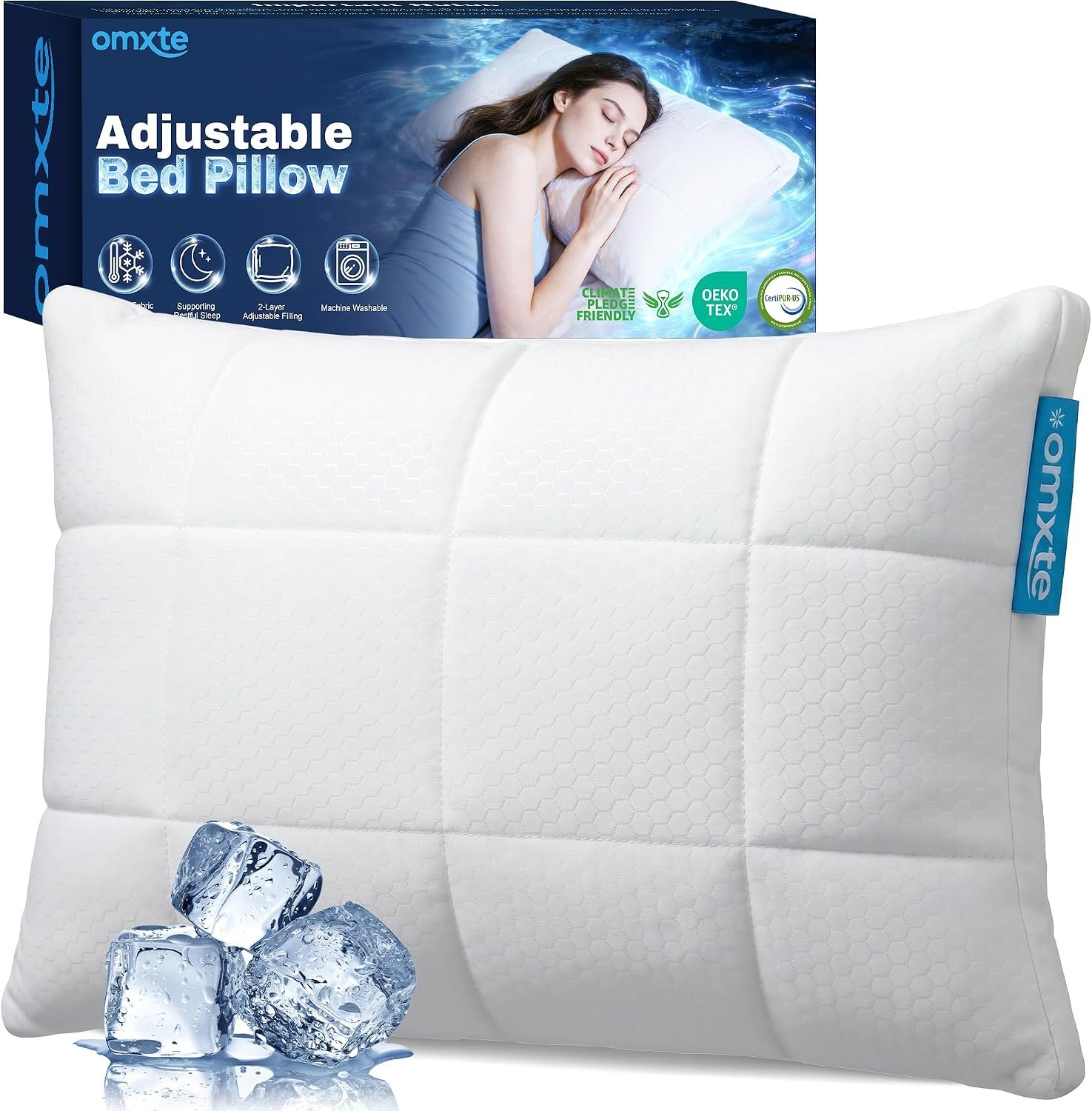 Adjustable Cooling Pillow for Sleeping, 2-Layer Bed Pillow with 3 Loft Options, Soft Support Standard Pillow for Side, Back & Stomach Sleepers, Breathable Washable Cover, 23.6″ x 15.8″