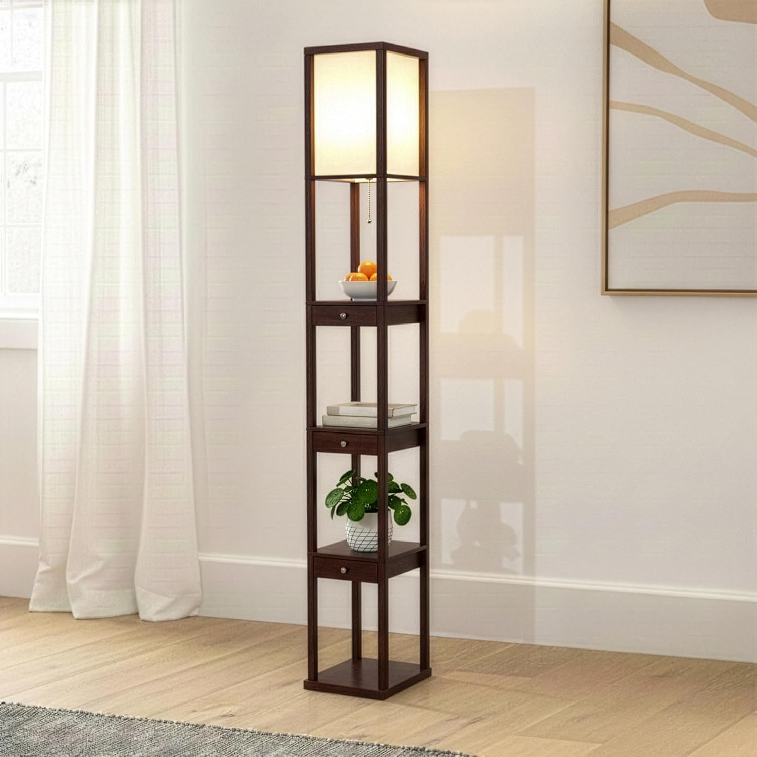 Brightech Maxwell Drawer Edition – Modern Shelf Floor Lamp with Drawer – Corner Display Floor Lamps with Shelves for Living Room, Bedroom and Office – Havana Brown