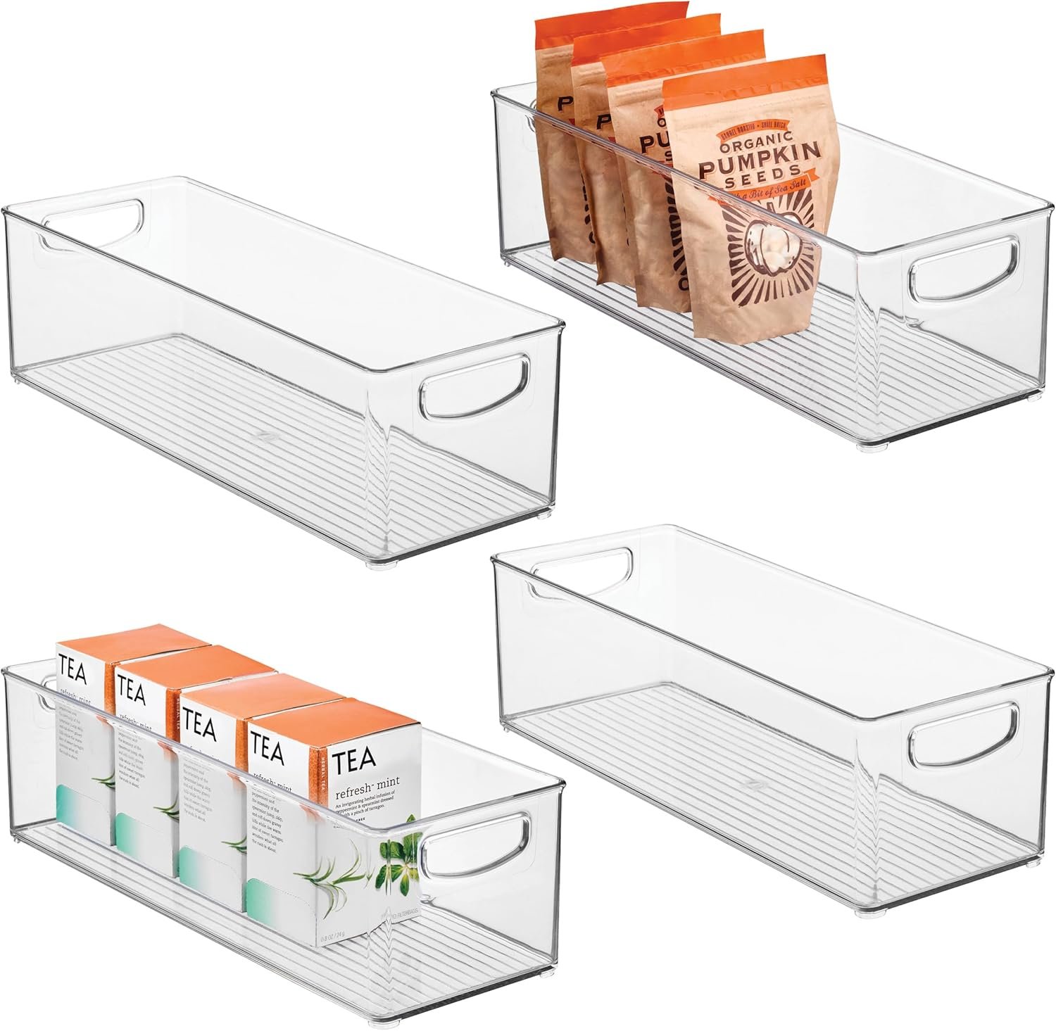iDesign Plastic Stackable Pantry Bin with Handles, Set of 4, Clear | For Kitchen Cabinets or Fridge, Made in USA