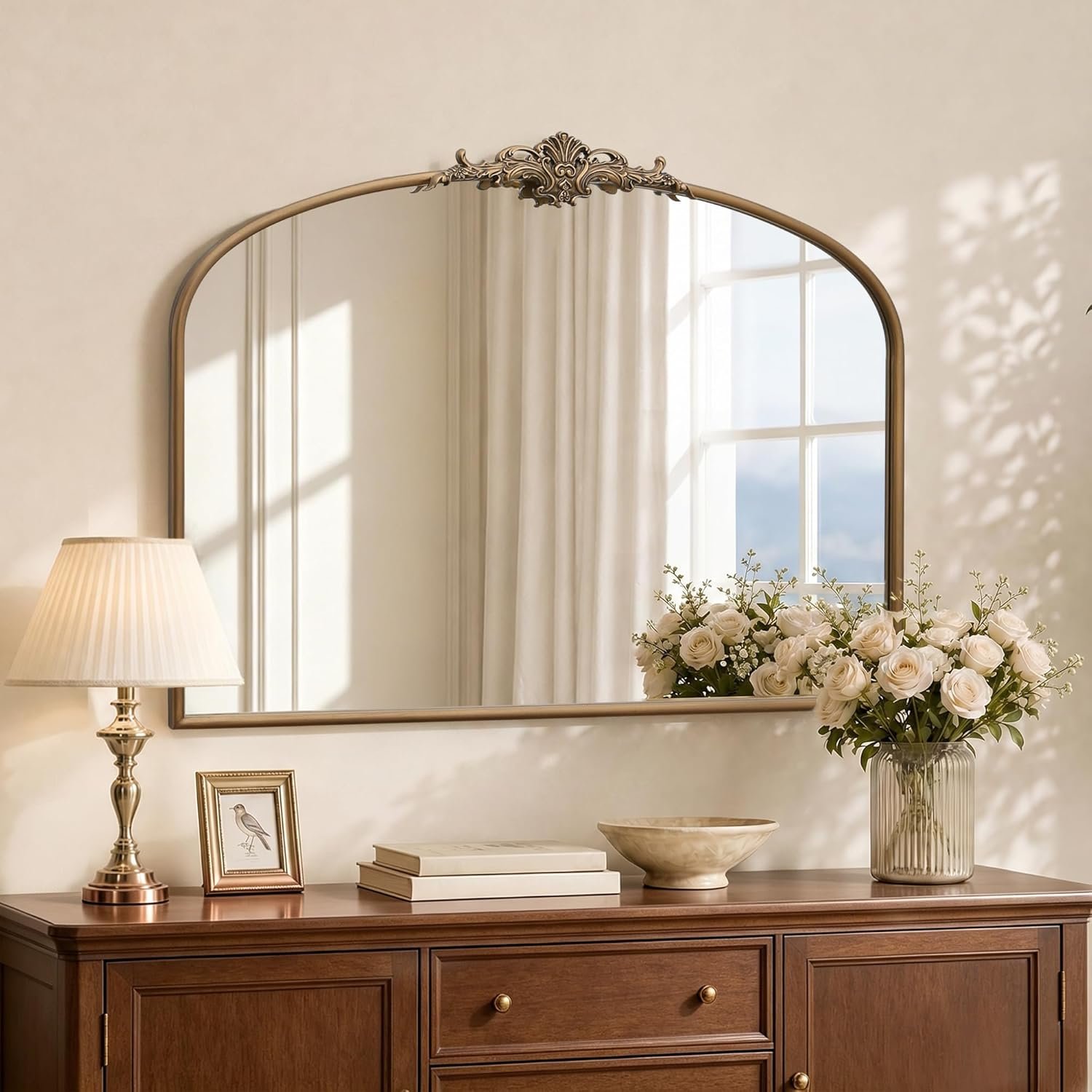 Besdomus Vintage Arched Gold Mirror: 40″x29″ French Large Brass Antique Wall Vanity Mirror – Decorative Baroque Traditional Ornate for Entryway/Fireplace/Bathroom/Bedroom – Ideal for Home Renovations