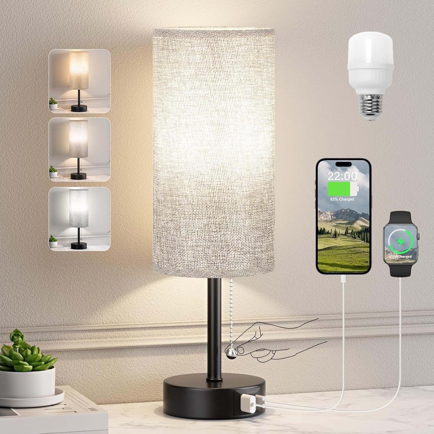 Grey Bedside Lamp for Bedroom Nightstand – Small Table Lamp with USB A + C Charging Port, 3 Color Temperatures Pull Chain Night Stand Light for Kid, Side Table Reading Lamp – Dorm Room Essentials