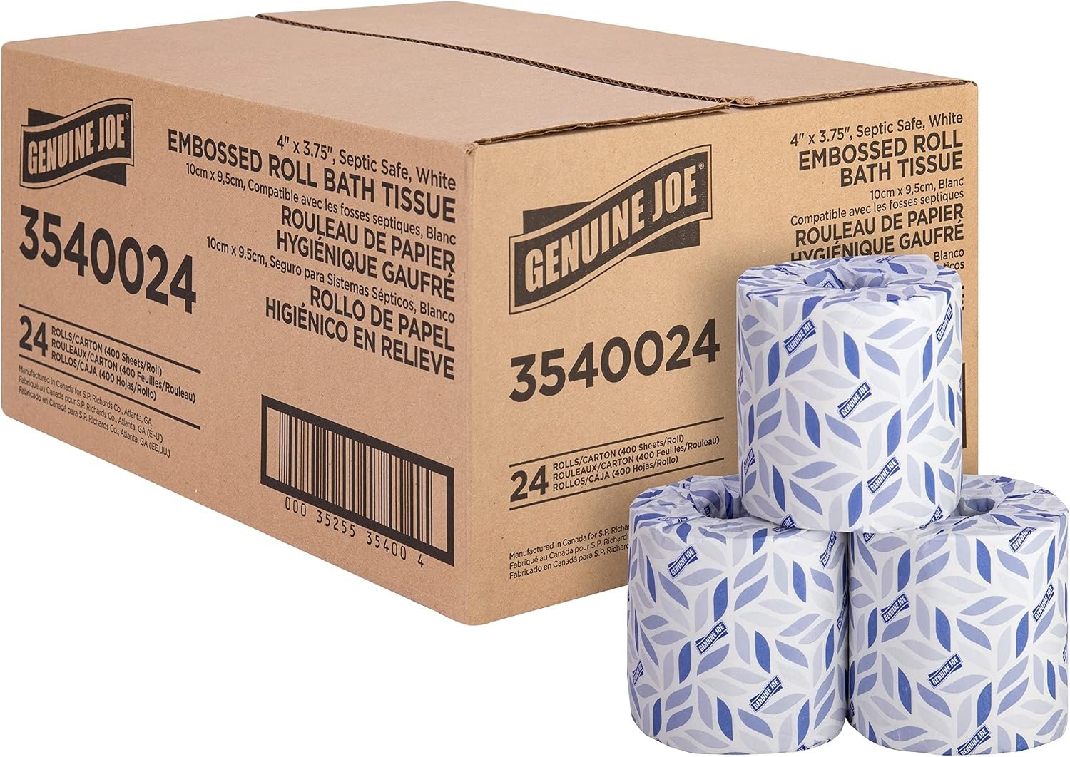 Genuine Joe Embossed Bath Tissue, 2-Ply, Septic Safe, Individually Wrapped, 4″ x 3.75″, 400 Sheets/Roll, 24 Count