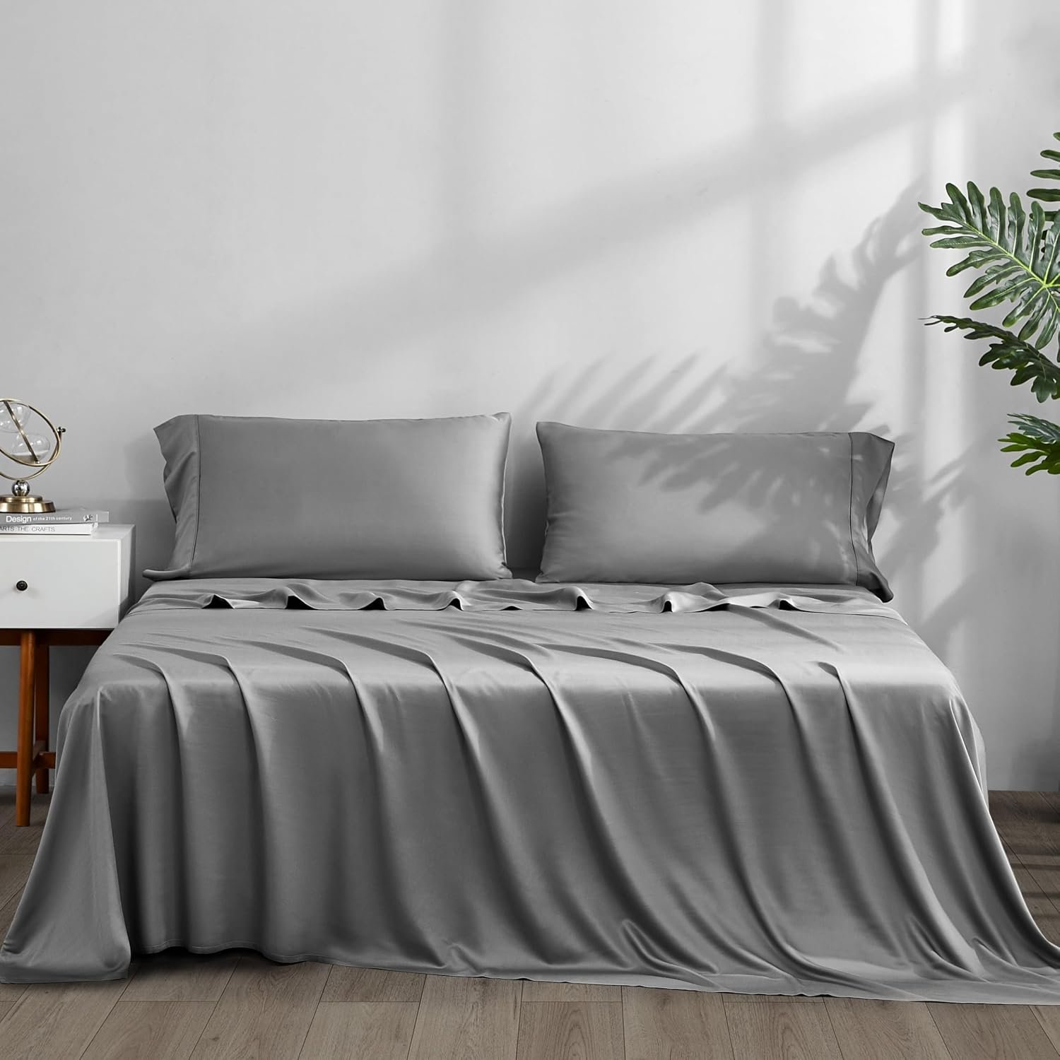 ACCURATEX Cooling Sheets King Size – Viscose Made from Bamboo, Luxury Cool Silky Sheet Set for King Size Bed, Super Soft Breathable Bedding Sheets up to 16 inches Deep Pockect,Grey