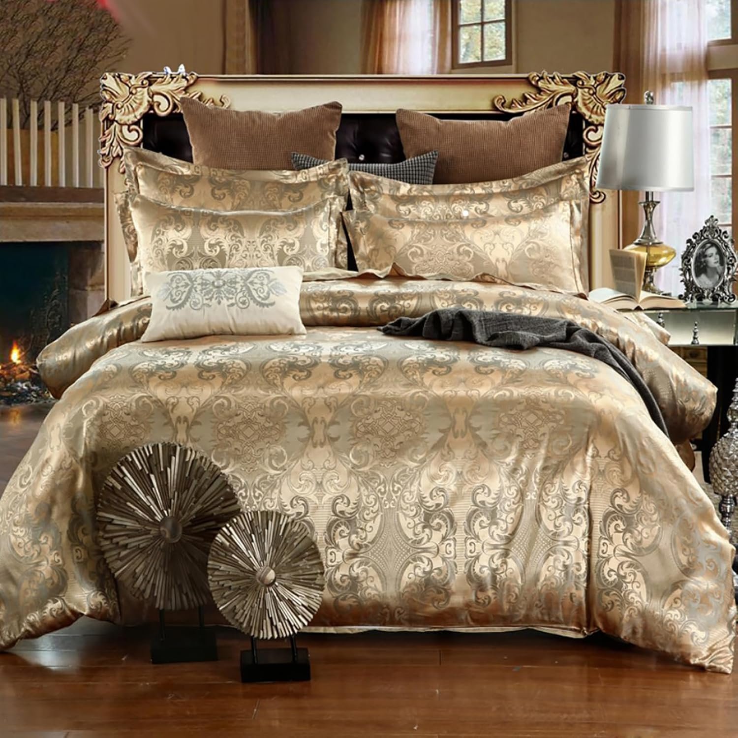 Queen Rose Gold 3PCS Satin Embroidery Duvet Cover Set | Luxury European Elegant Embroidery Soft Lightweight Satin Fabric Bedding Set without Inner Quilt