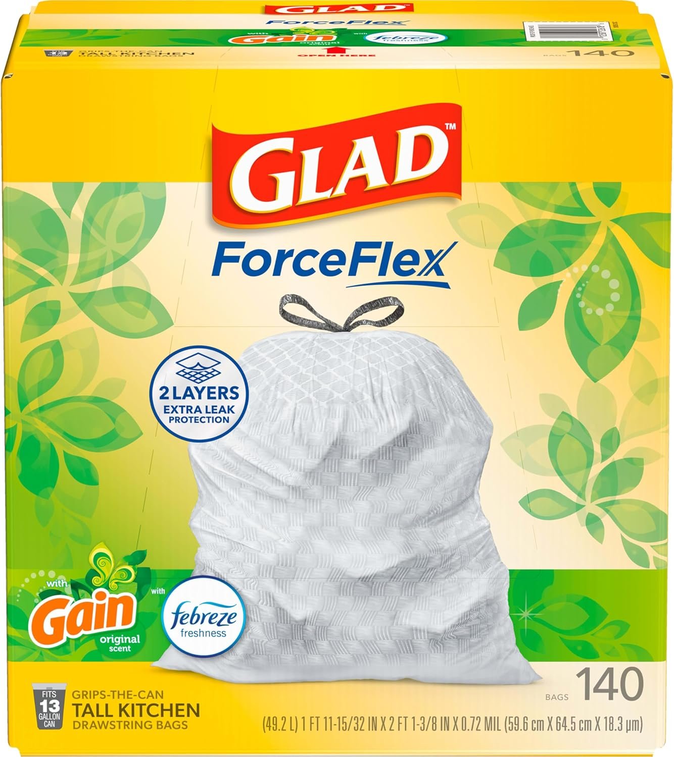 Glad ForceFlex Kitchen Trash Bags, Rip and Tear Resistant, Gain Original Scented Tall Garbage Bags, Odor Control, Febreze Freshness, 13 Gallon, 140 Count