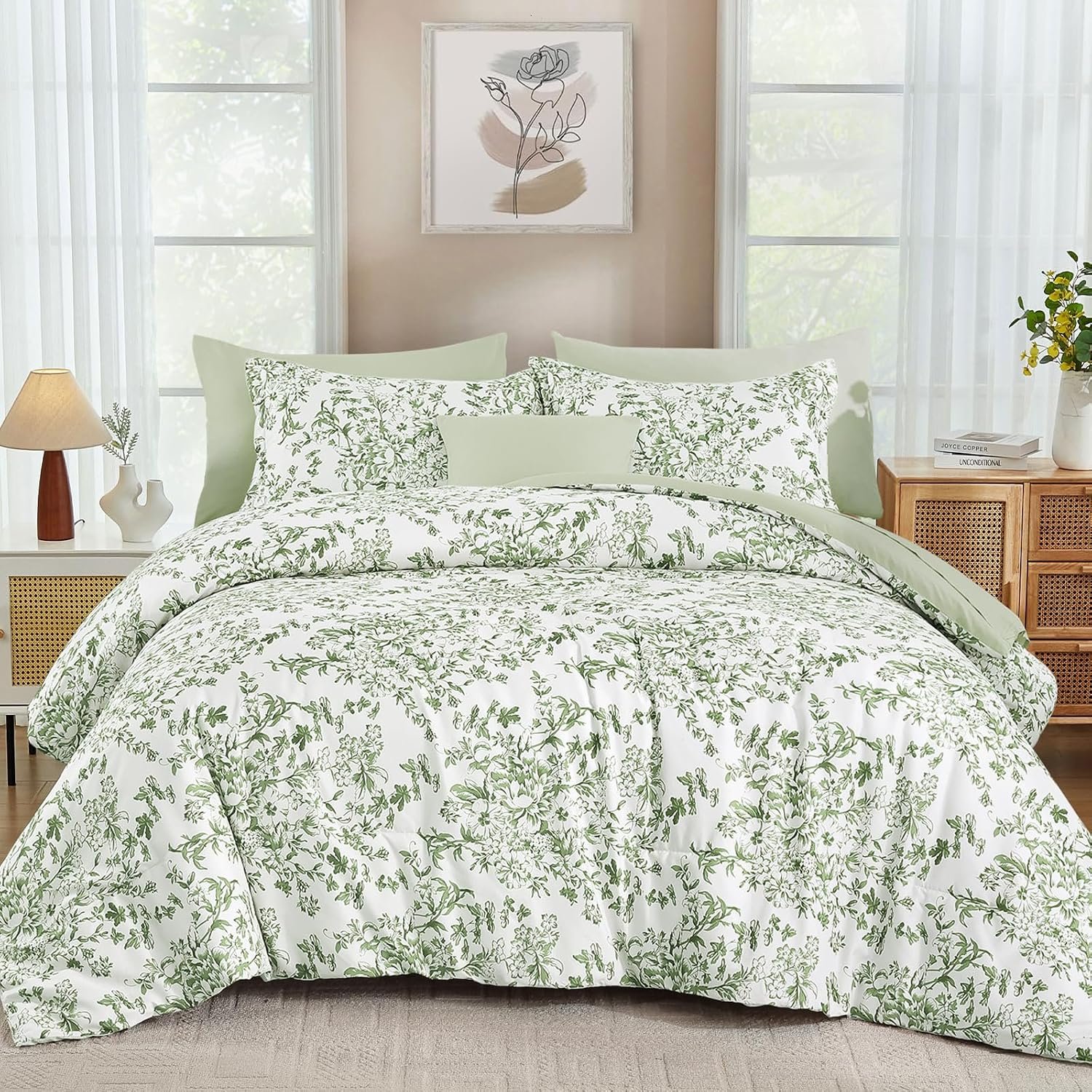 WONGS BEDDING 8 Pieces Queen Size Comforter Set Green, Sage Green Floral Bed in a Bag Comforter Sets, Soft Reversible Botanical Flowers Bedding Sets for All Season (90″x90″)