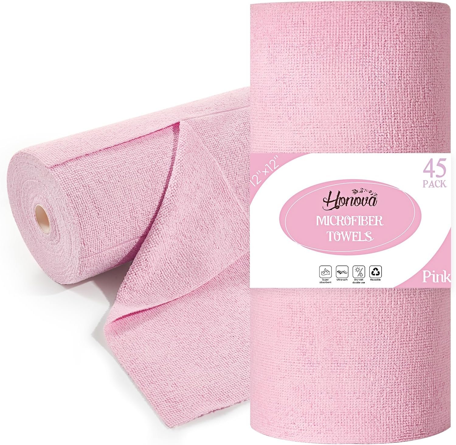 HONOVA Microfiber Cleaning Cloth Roll 45 Pack, 12”×12″ Reusable Paper Towels, Tear Away Microfiber Towels, Highly Absorbent, All-Purpose Washable Cleaning Rags for Kitchen, Window, Car, Shop (Pink)