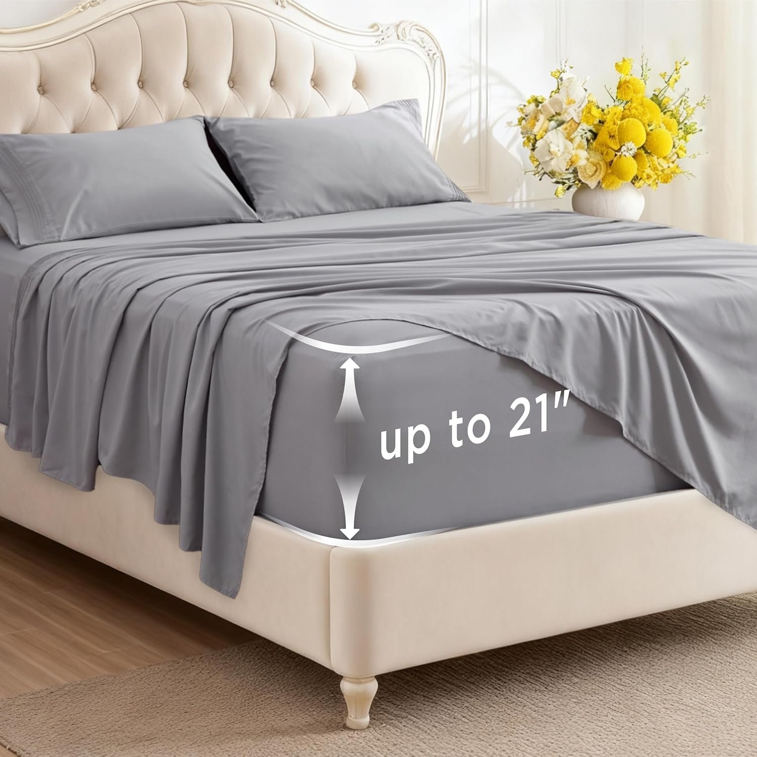 Bedsure Deep Pocket Queen Sheets Set – Fits Mattresses Up to 21 Inches Thick – 4 Piece GentleSoft Bed Sheets, Moisture Wicking, Soft & Cooling Bedsheet & Pillowcases, Easy & Secure Fit, Light Grey