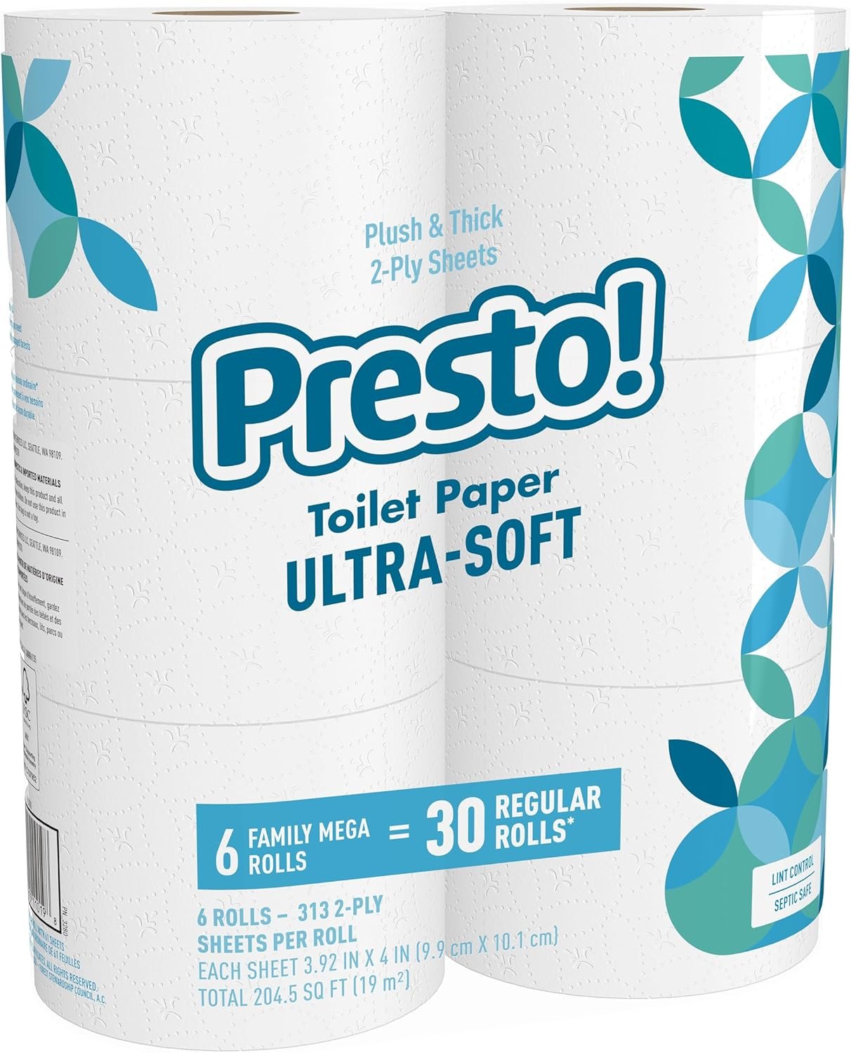 Amazon Brand – Presto! 2-Ply Ultra-Soft Toilet Paper, 6 Family Mega Rolls = 30 regular rolls, 1878 Count (6 roll of 313 sheets), Unscented, White