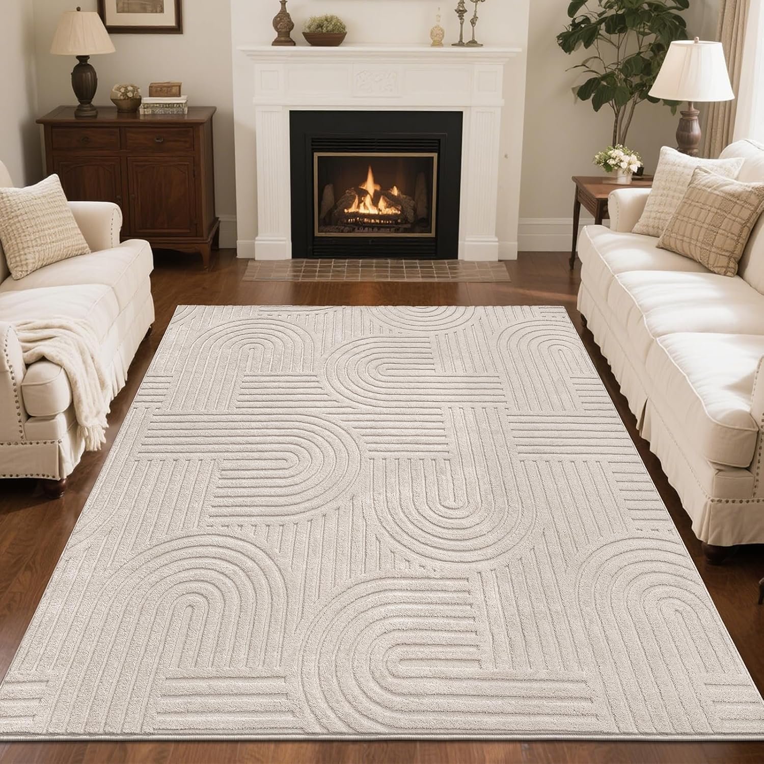 SHACOS Soft Cozy Fluffy Arch Pattern High-Low Pile Textured Area Rug 5’3″x7’3″ Non Slip Washable Modern Geometric Rug Stain Resistant Contemporary Carpet for Living Room Bedroom Dining Room, Beige
