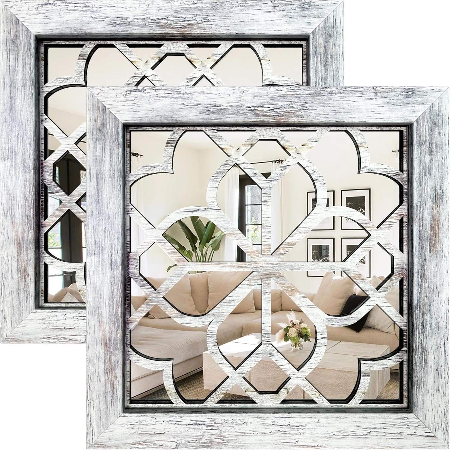 Boho Wall Mirror Decor, Set of 2 Rustic Farmhouse Accent Mirrors 12×12 Inch, Square Acrylic Shatterproof Vintage Style Mirror for Wall, Small Decorative Mirrors for Living Room, Bedroom, Grey