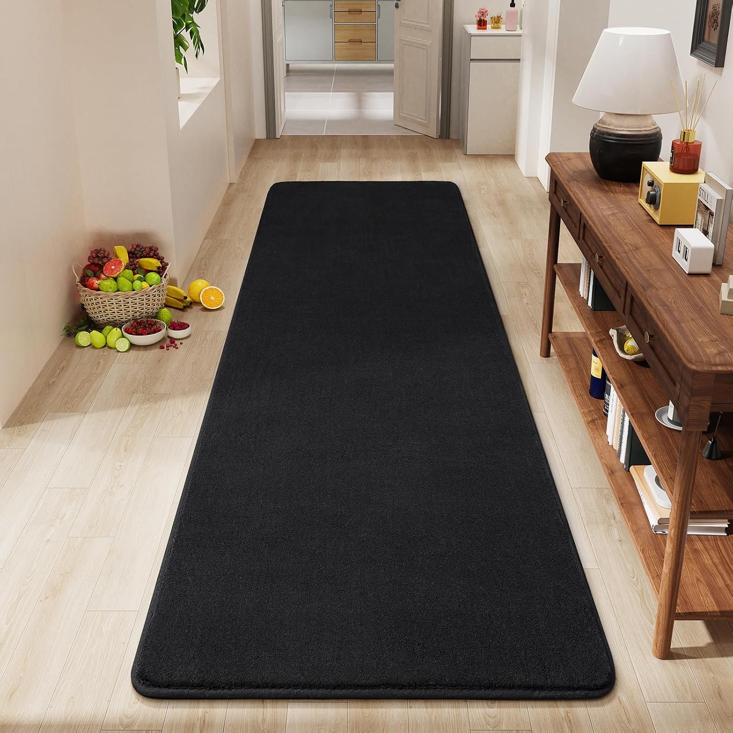 Amearea Modern Soft Hallway Runner Rug, 2×6 Feet Washable Runner Rugs for Hallway, Black Fluffy Rug Bedroom Bedside Rugs, Non Slip Memory Foam Rug Carpet for Entrance Kitchen Living Room Decor