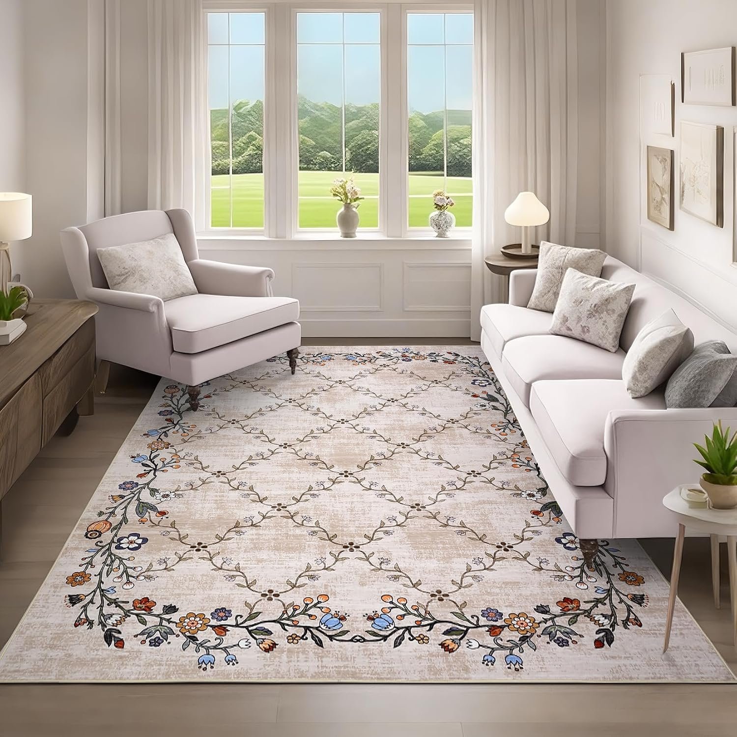 GarveeHome 3×5 Floral Washable Area Rug, Beige Vintage Boho Low Pile Non Slip Rug, Soft Botanical Indoor Floor Rug for Entryway, Kitchen, Bathroom, Bedroom