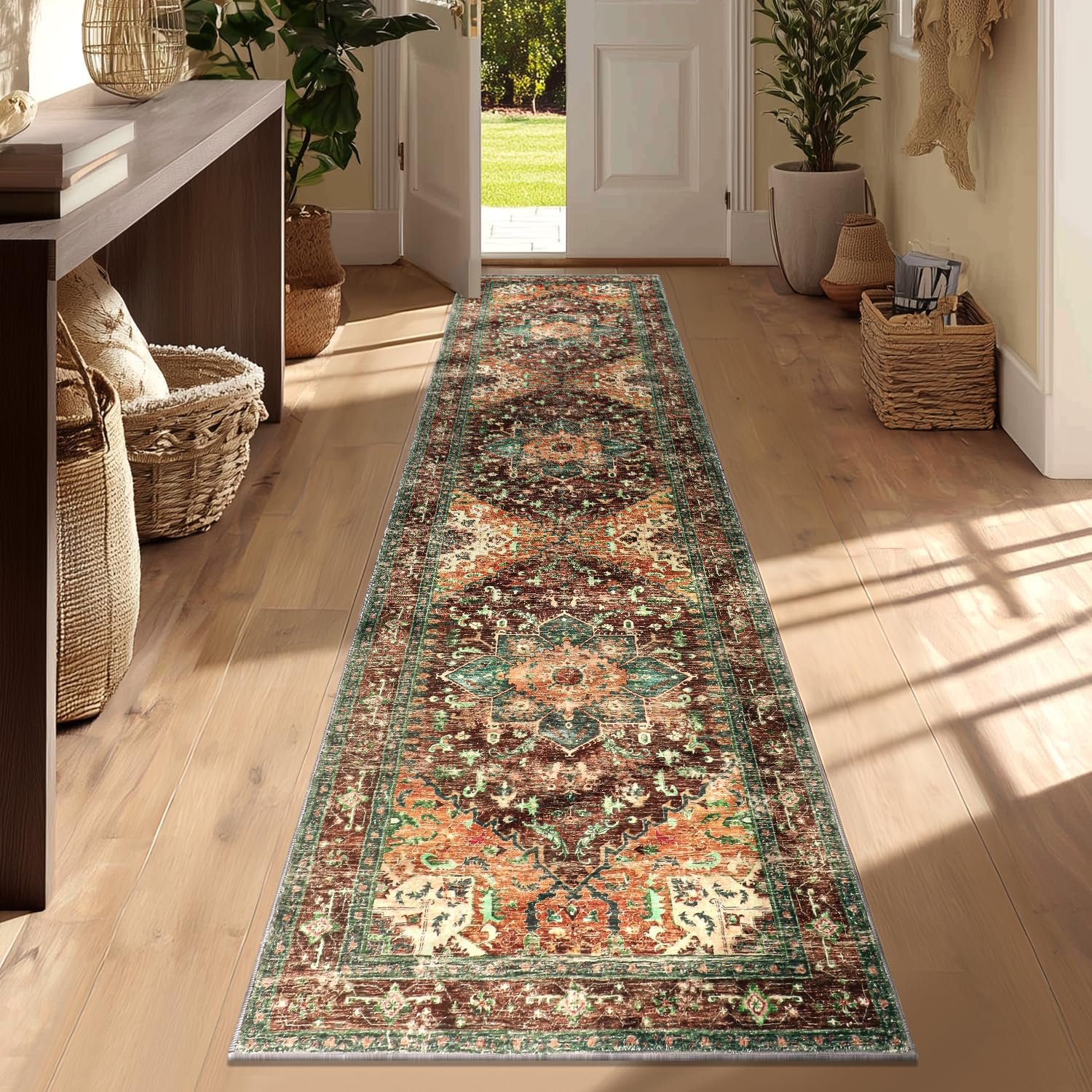 Yamaziot Washable Runner Rug, 2×8 Non-Slip Boho Vintage Hallway Rug Runner with Rubber Backing, Stain Resistant & Low Pile Faux Wool Distressed Carpet Runner for Bedroom, Kitchen, Laundry, Entrance