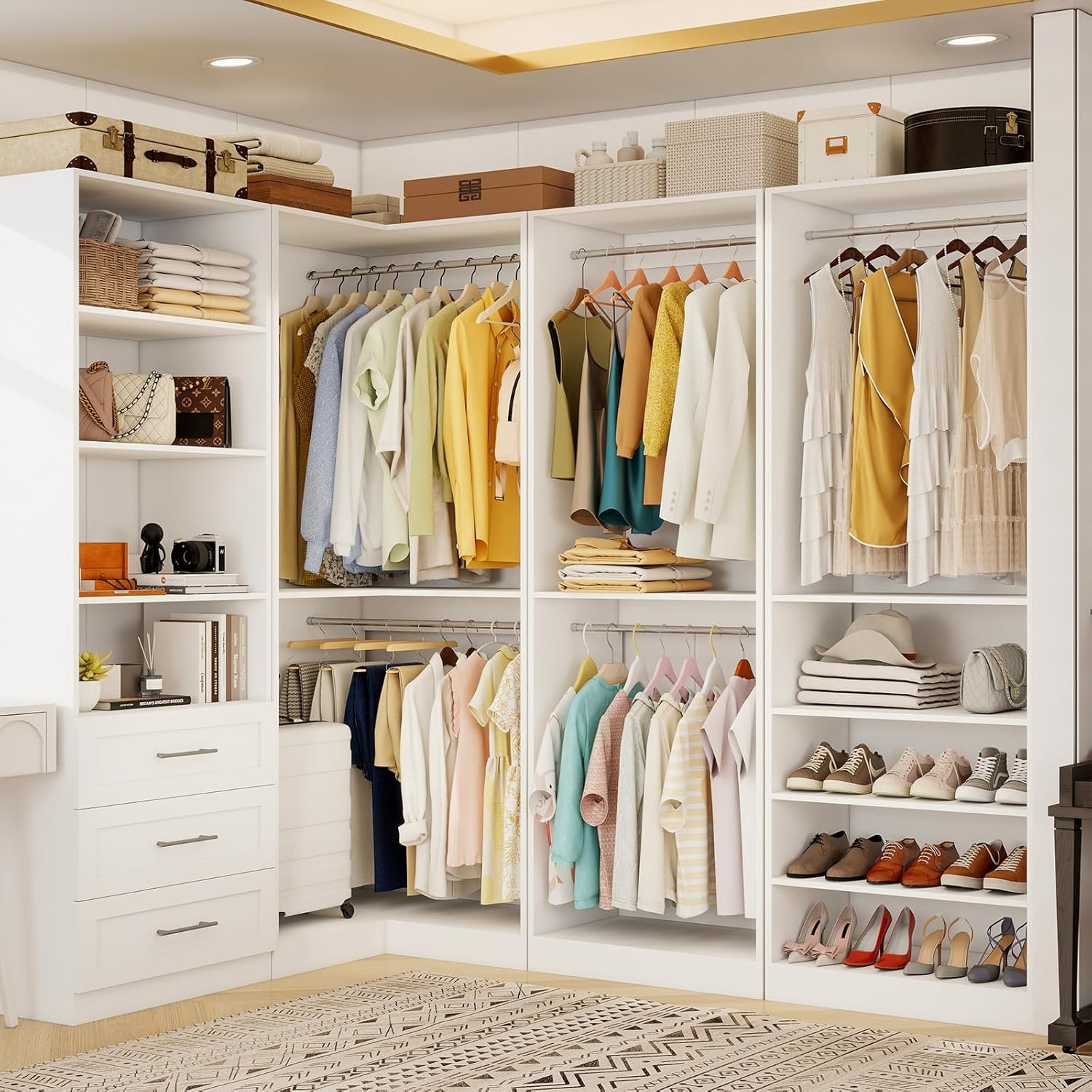 Closet Organizer System of 4 Sets with 3 Drawers, 9 Hanging Rods & 8 Shelves, 157″ Walk in Closet System, Corner Closet Organizer, Modular Standalone Closet, White