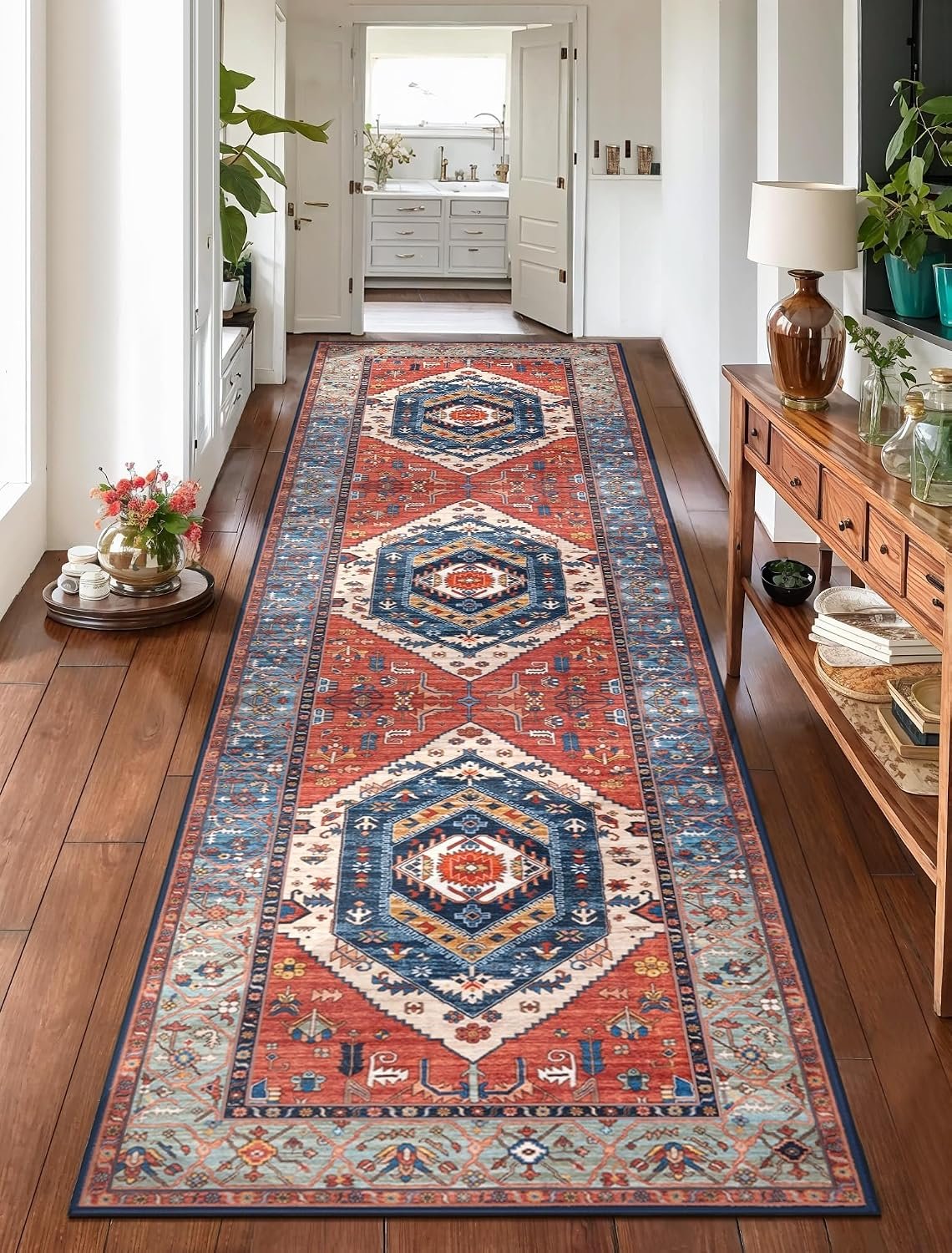 SERISSA Runner Rug for Hallways, 2’6″x10′ Washable Non Slip Kitchen Runner Rug, Long Boho Rug Vintage Rust Hallway Stair Ultra Soft Print Floor Carpet for Bedroom Bathroom Laundry Room