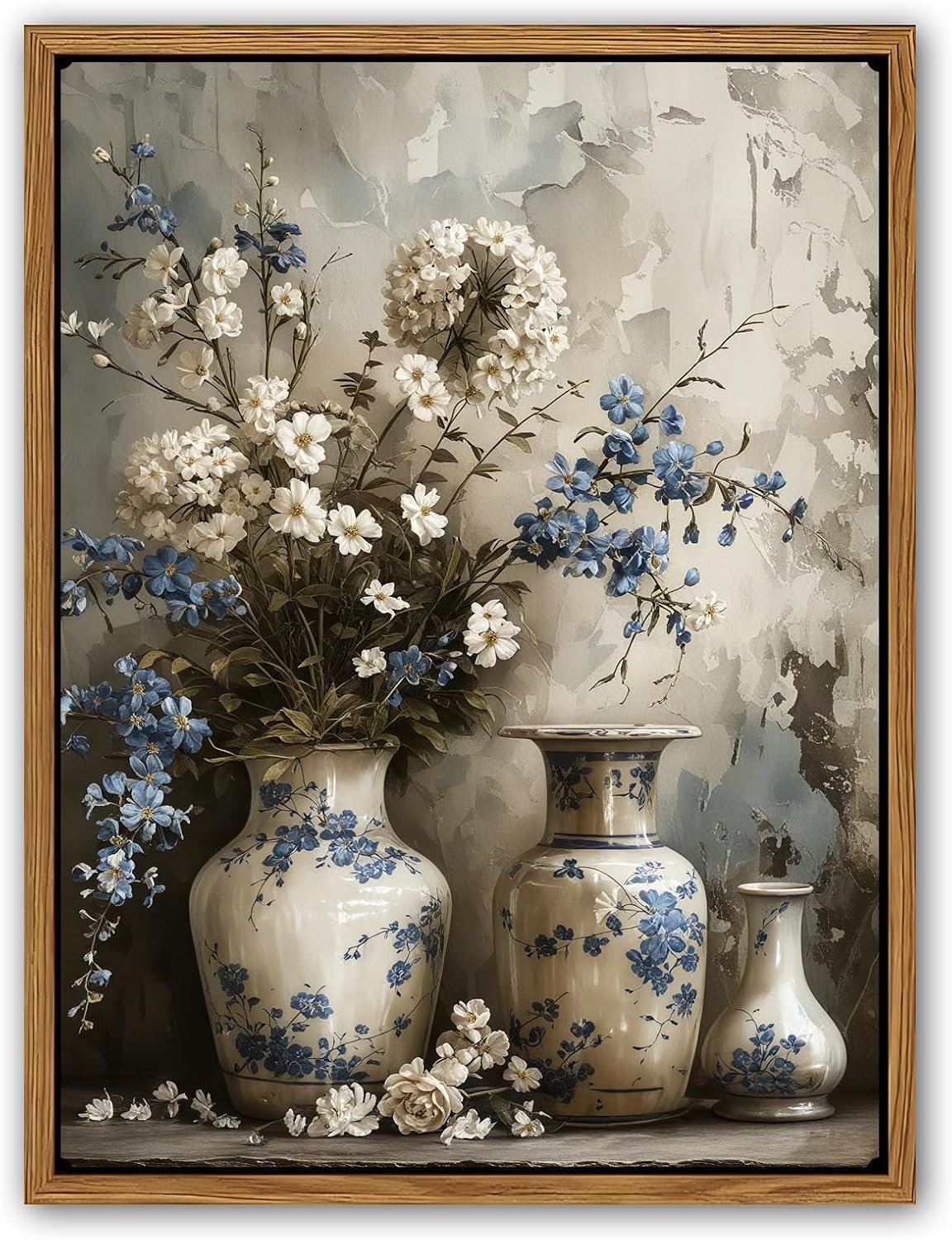 Floral Wall Art, Blue and White Flower Canvas Print, Vintage Still Life Floating Framed Decor for Dining Room Kitchen 16×24 Ready to Hang