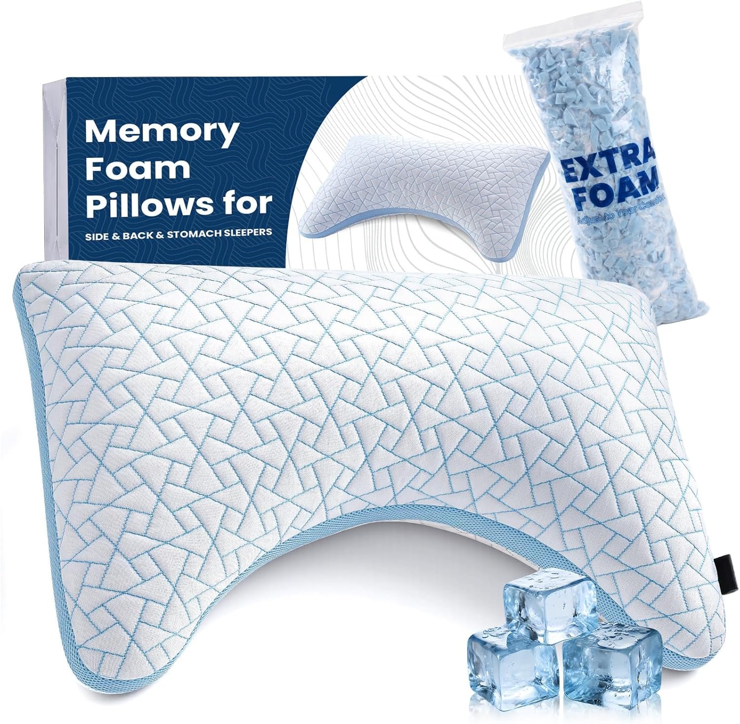 A-Pce Cooling Pillow for Sleeping,Neck and Shoulder Pain,Shredded Memory Foam Crescent Pillows,Queen Pillows Set of 1-Hot Sleepers Adjustable Firm Pillow Queen Bed Pillows-Washable Cover&Extra Foam