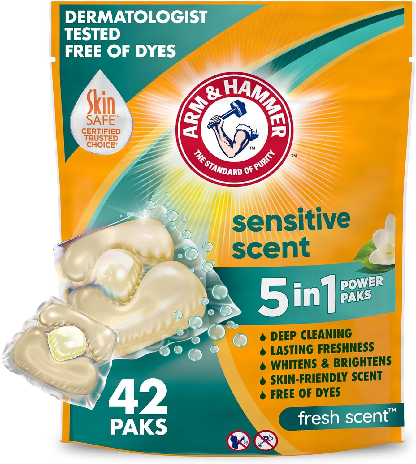 ARM & HAMMER Sensitive Skin Laundry Detergent with Hypoallergenic Fresh Scent, 5-IN-1 Power Paks, 42 Ct