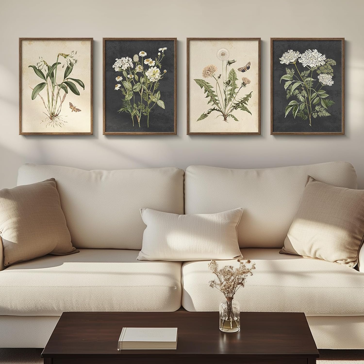 Framed Botanical Wall Art for Living Room, 4 Piece Rustic Floral Canvas Paintings Prints, Vintage Flower Pictures for Farmhouse Dining Room Hallway Bedroom Kitchen Bathroom Wall Decor, 12×16 Inch