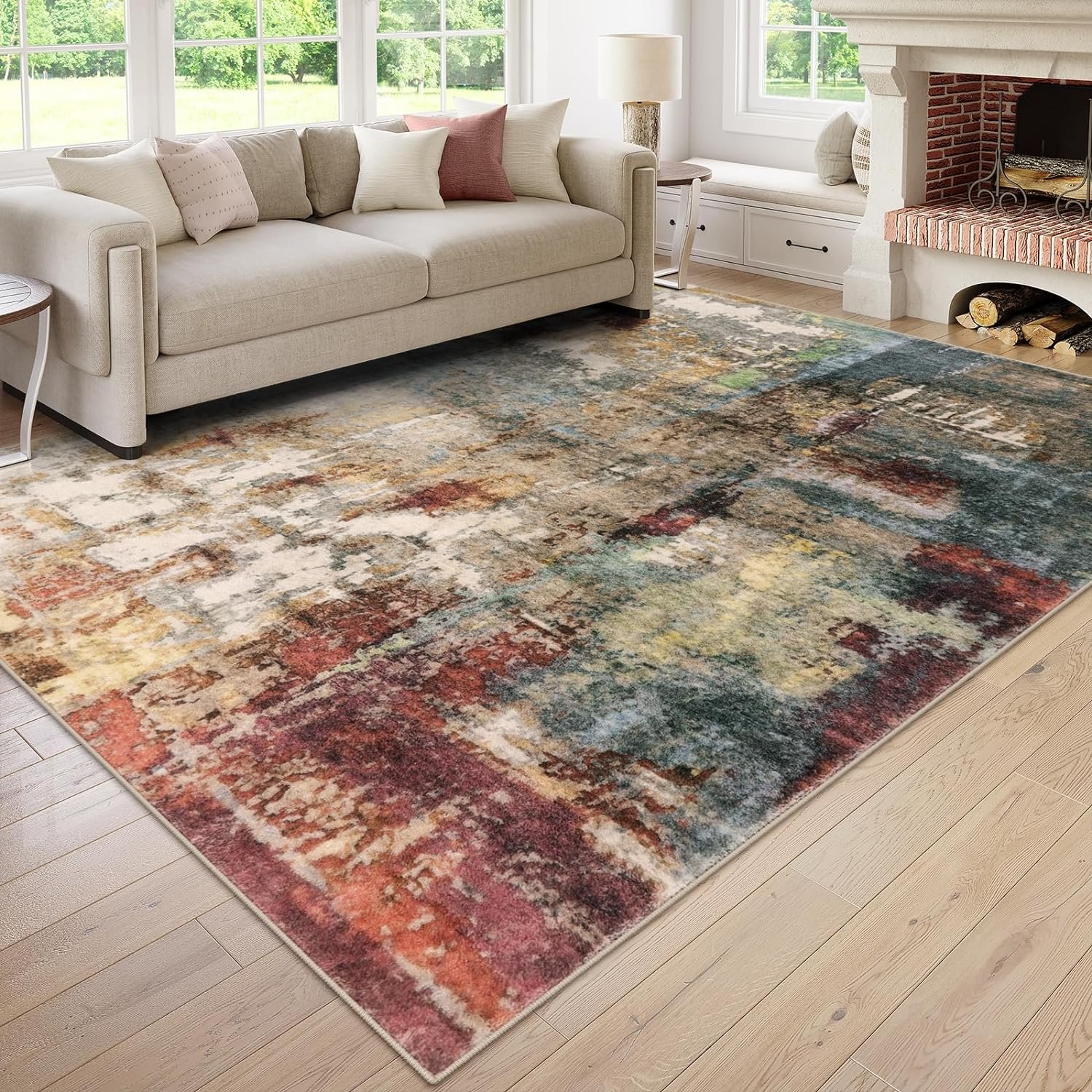 Lahome Modern Abstract Living Room Rug 8×10, Washable 8×10 Area Rugs for Bedroom Stain Resistant Non Slip, Large Red Soft Indoor Carpet for Dining Room Table Home Decor