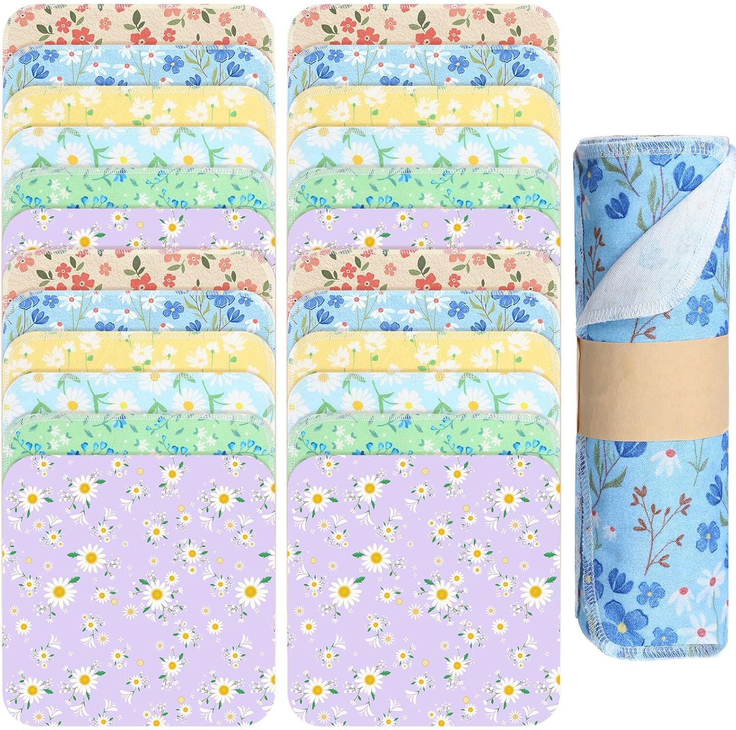 Tiamon 24 Pcs Reusable Paper Towels Roll Flower Kitchen Towels Absorbent Washable Cotton Cloth Dishtowels Paperless Wildflower Hand Dishcloths for Spring Home Kitchen Bathroom Cleaning Housewarming