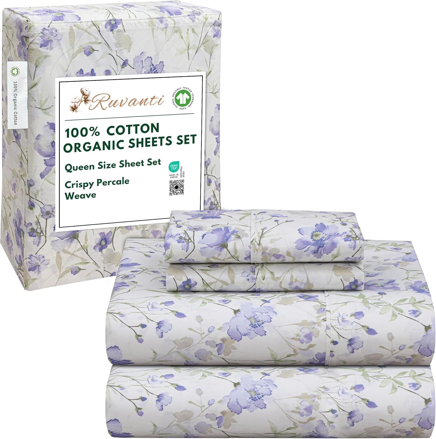 RUVANTI 100% Cotton Organic Percale Sheets, Queen Size, Heather | Crisp Cooling, Deep Pocket 15″, Soft Peach Finish, Breathable & Durable, Hotel-Style 4 Pcs