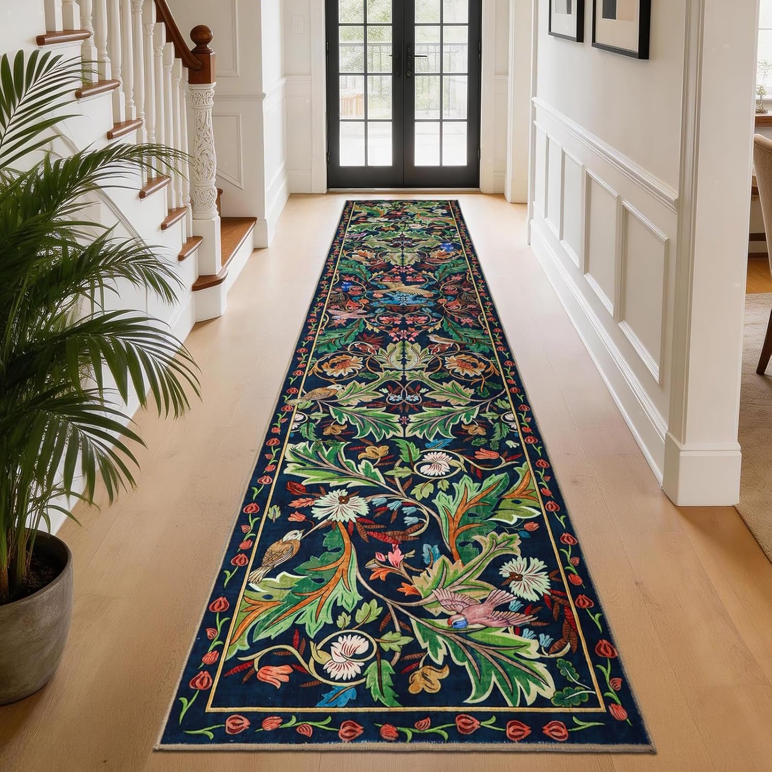 nesrt 2×10 Botanical Runners for Hallways Kitchen Rug Non Slip, Long Washable Boho Jungle Runner Rugs, Soft Floral Forest Birds Carpet Runner for Hall, Laundry, Bedroom, Bathroom (Dark Green)