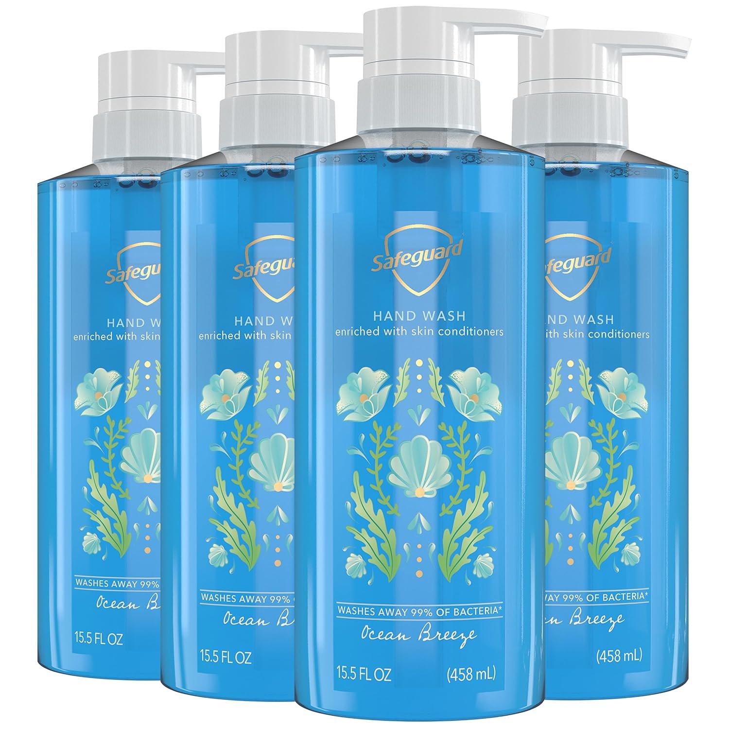 Safeguard Liquid Hand Soap, Micellar Deep Cleansing, Washes Away 99% Bacteria, Made with Natural Moisturizers, Enriched with Skin Conditioners, PH Balanced, Ocean Breeze Scent 15.5 oz (Pack of 4)