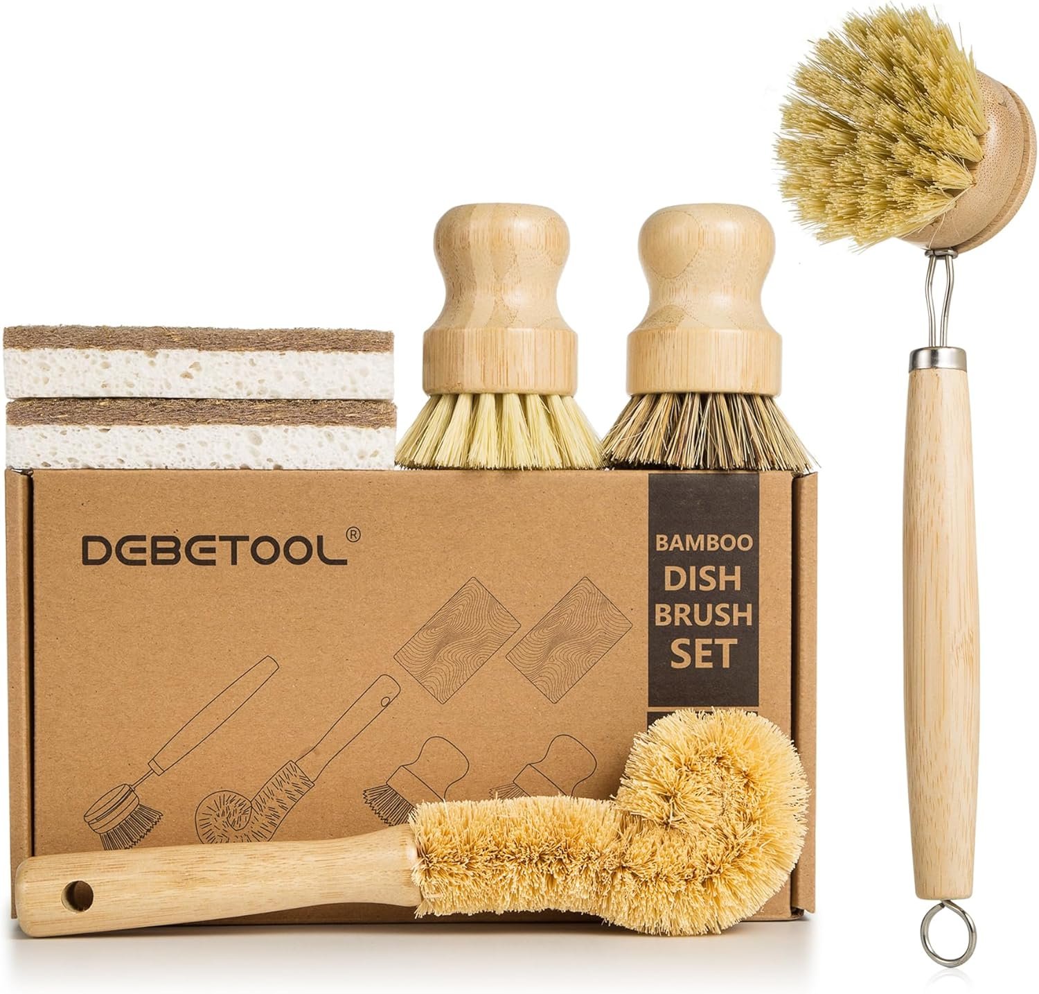 DEBETOOL 6 Piece Bamboo Dish Brush Set with Coconut Sponge – Wooden Dish Brush with Sisal and Palm Fiber, Natural Bamboo Dish Scrub Brush for Kitchen Cleaning Dishes, Pots, Pans, Bottles, Vegetables